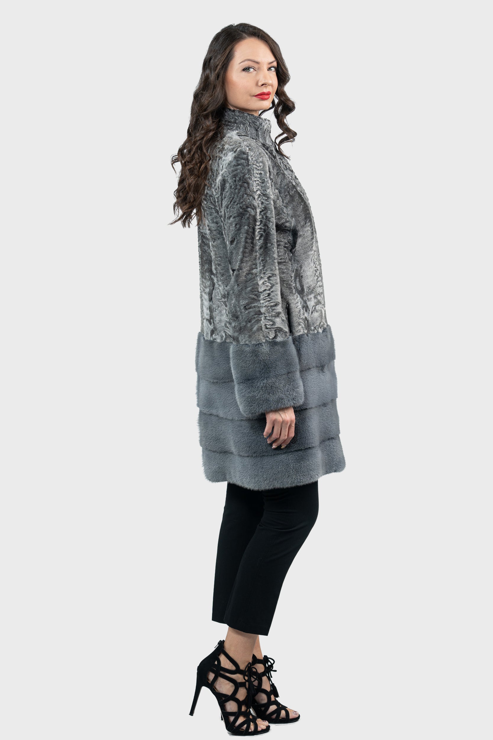 Gray Swakara Half Coat with Mink Trimmed Hem S/SR/K21999