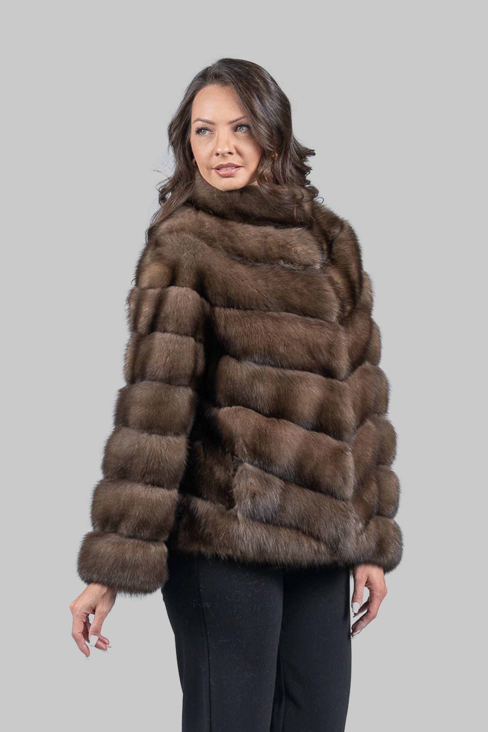 Graphite Russian Sable Chevron Jacket with Stand Collar V/K13C528