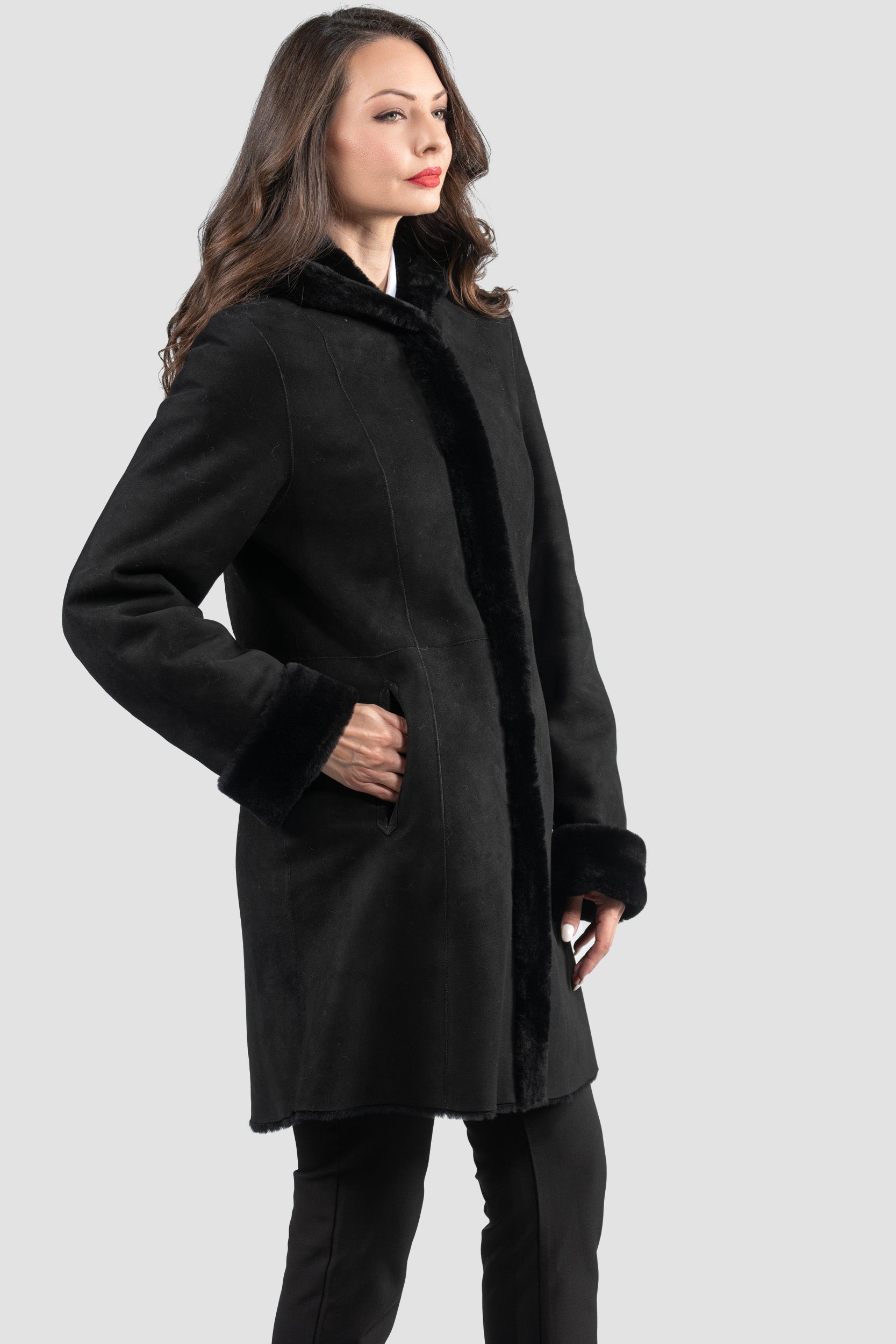Hooded Black Half Coat In Spanish Merino 207H
