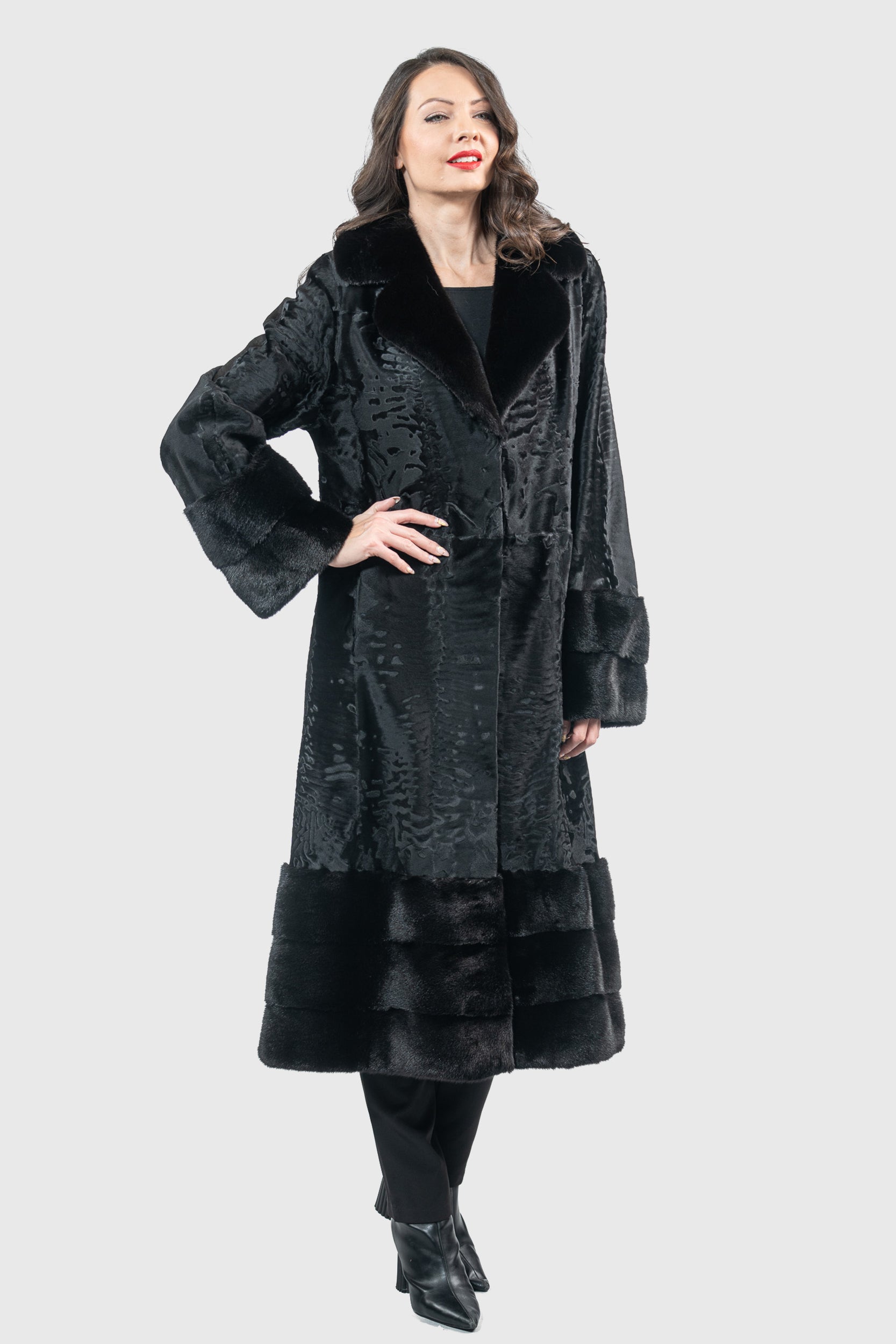 Black Swakara Coat with Mink Trim S/S13C976