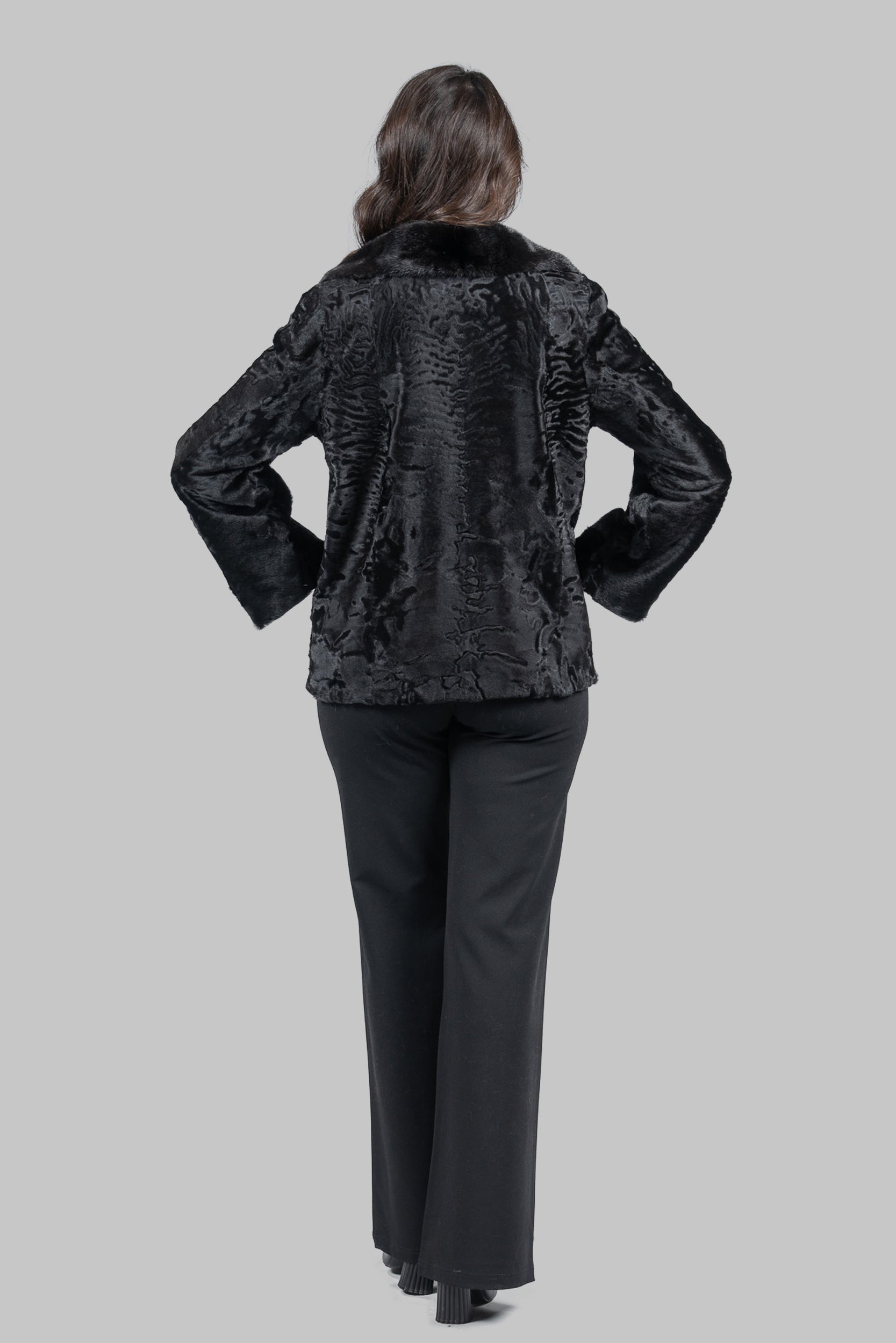 Black Swakara Jacket with Mink-Trimmed Notch Collar S/S13C528s20