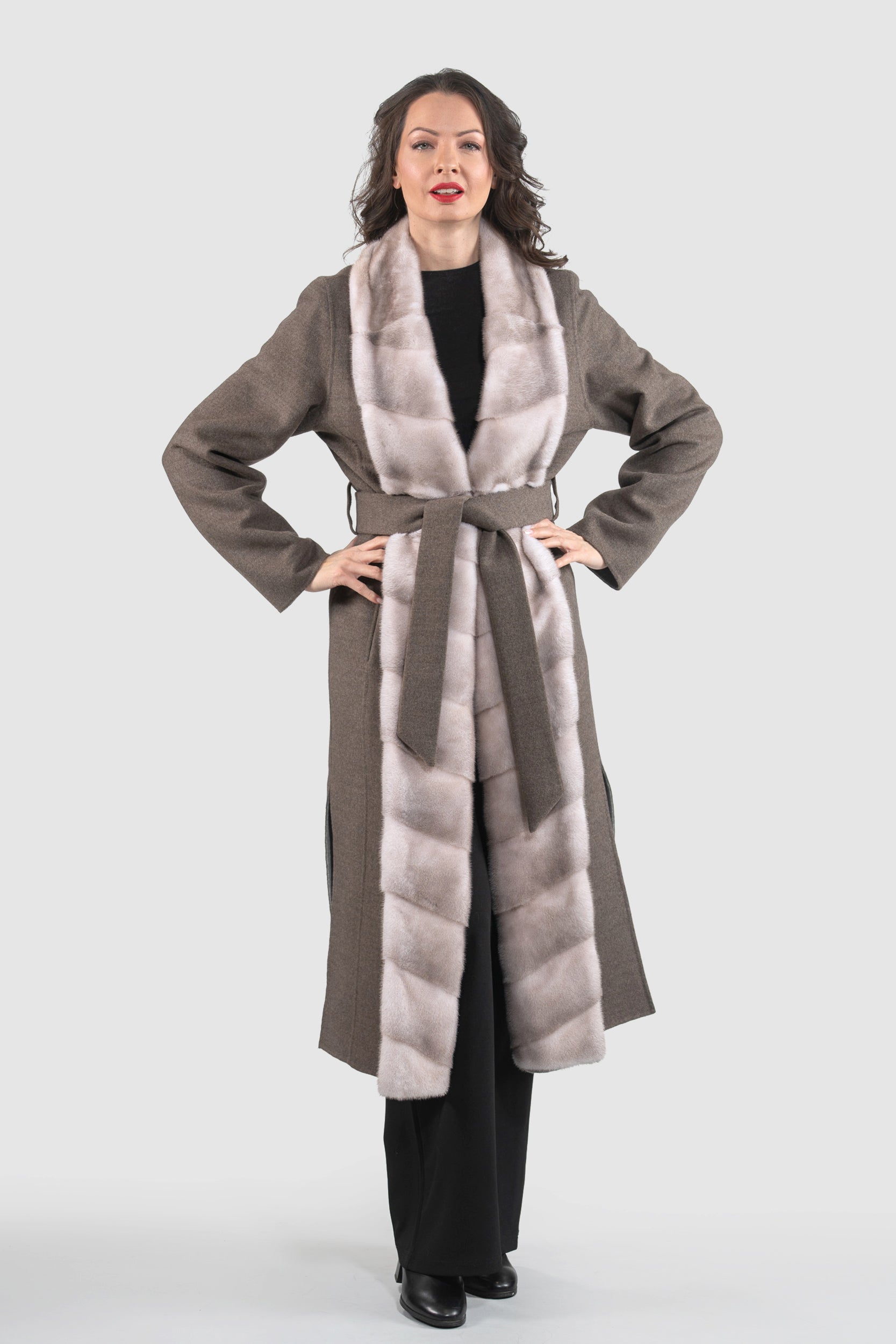 Brown Grey Cashmere Coat with Mink Trim 3321
