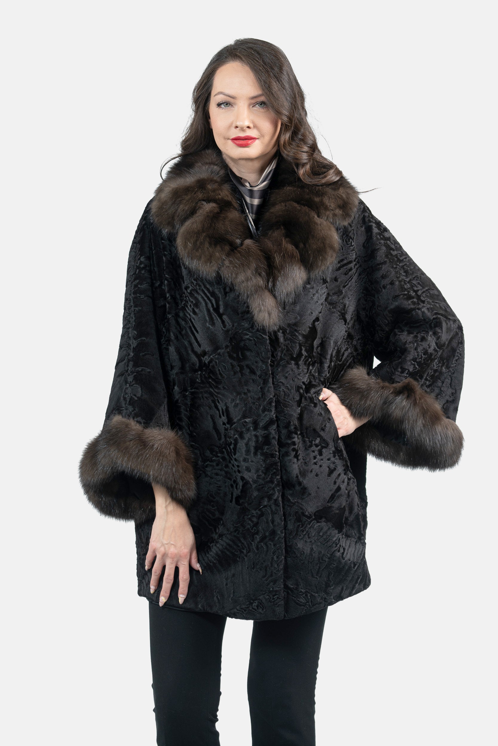 Black Swakara Cape with Russian Sable Notch Collar A/K13C848gs20v30