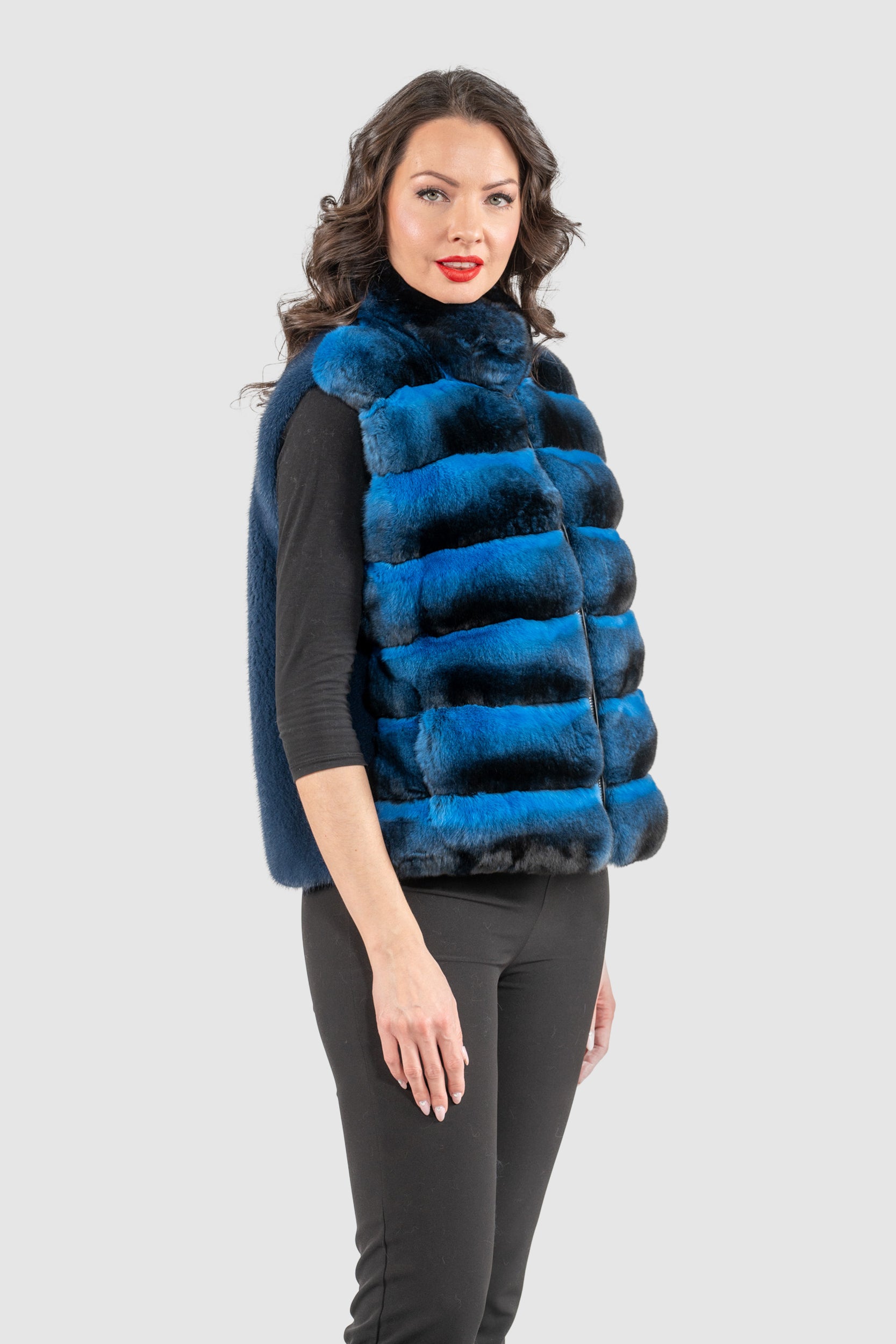 Bluejean Chinchilla Fur Vest with Stand Collar and Mink Trim P/K2201