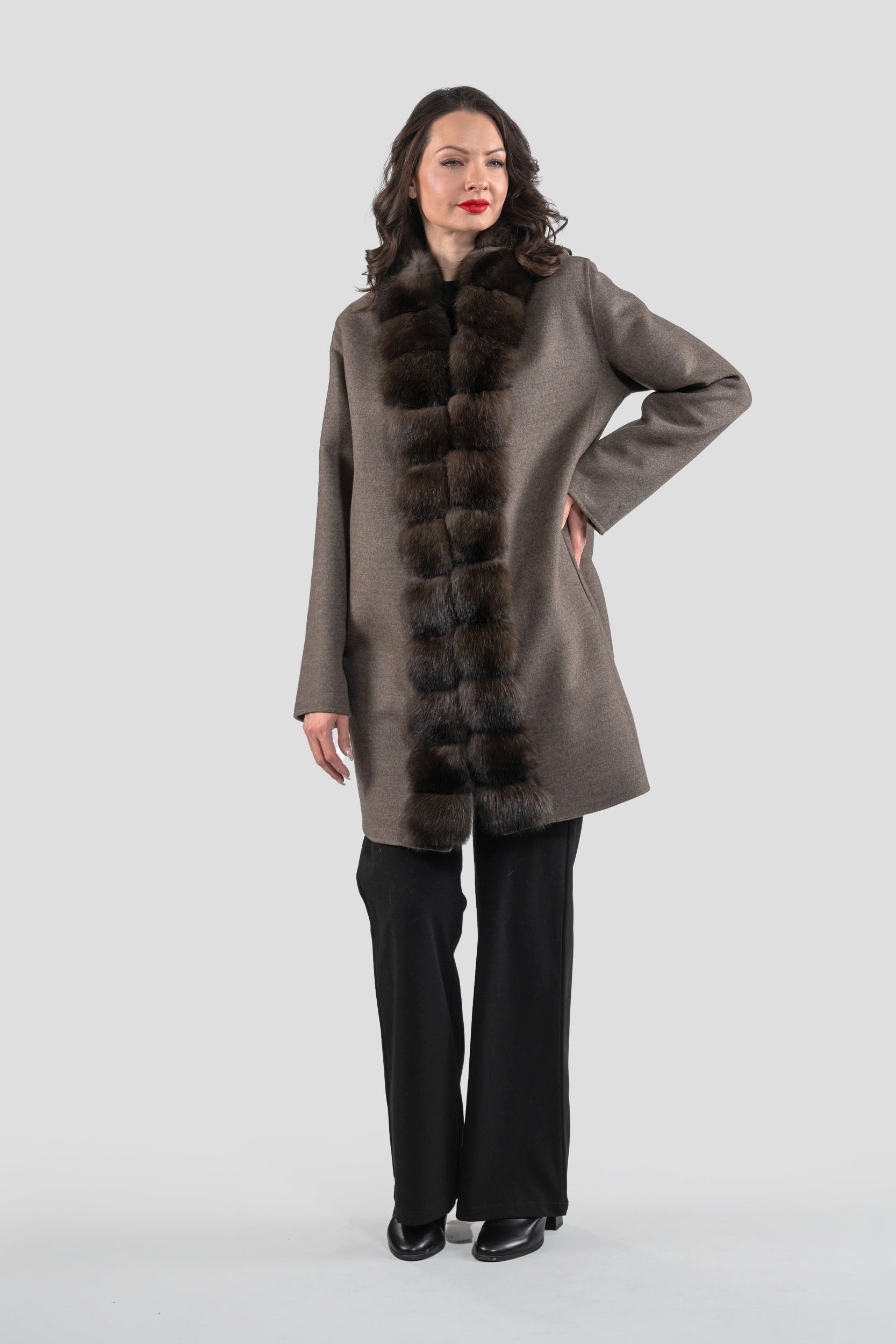 Grey Brown Cashmere Half Coat with Russian Sable Trim 21C6080