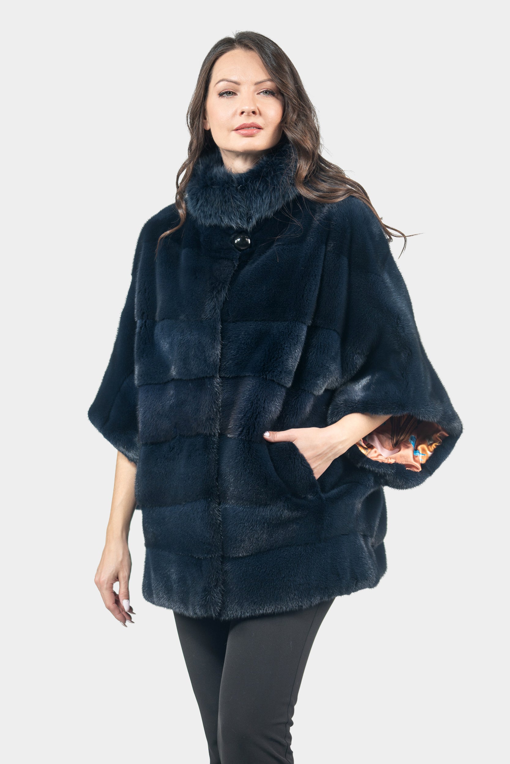 Blue Black Mink Cape with Russian Sable Stand Collar P/K13C959