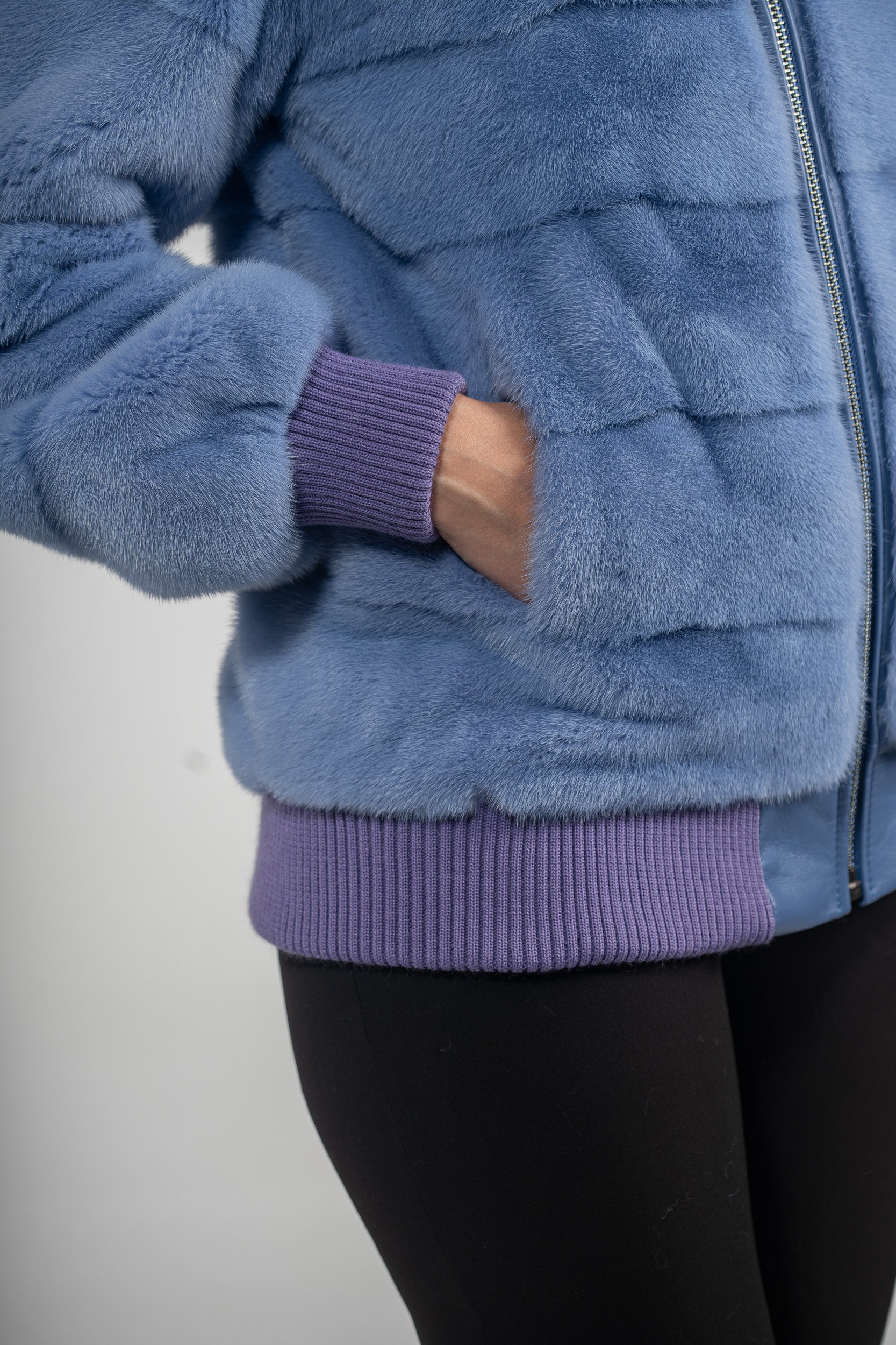 Aqua Marine Mink Bomber Jacket with Stand Collar P/K13C224