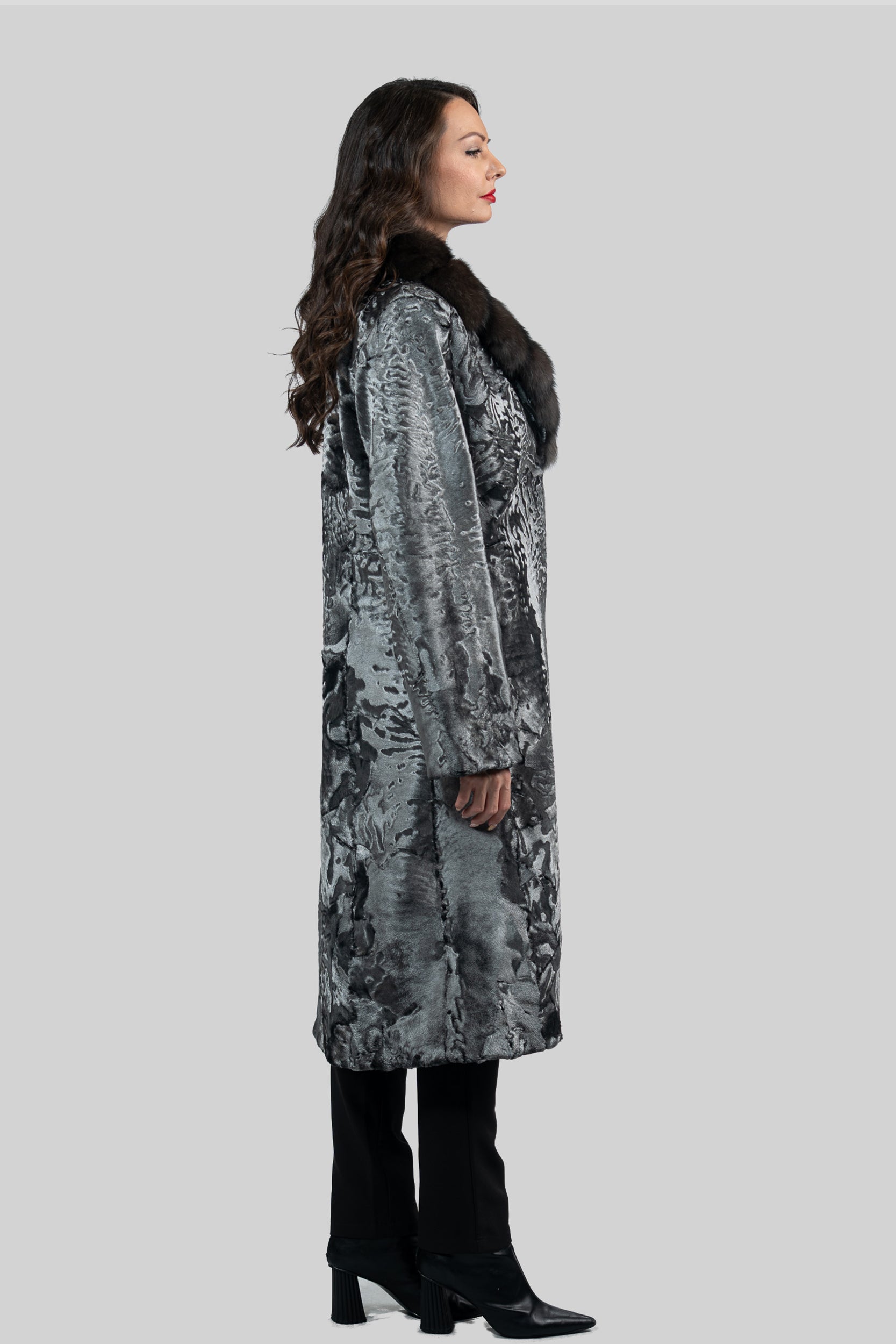 Shadow Grey Swakara Coat with Russian Sable Notch Collar S/S13C976