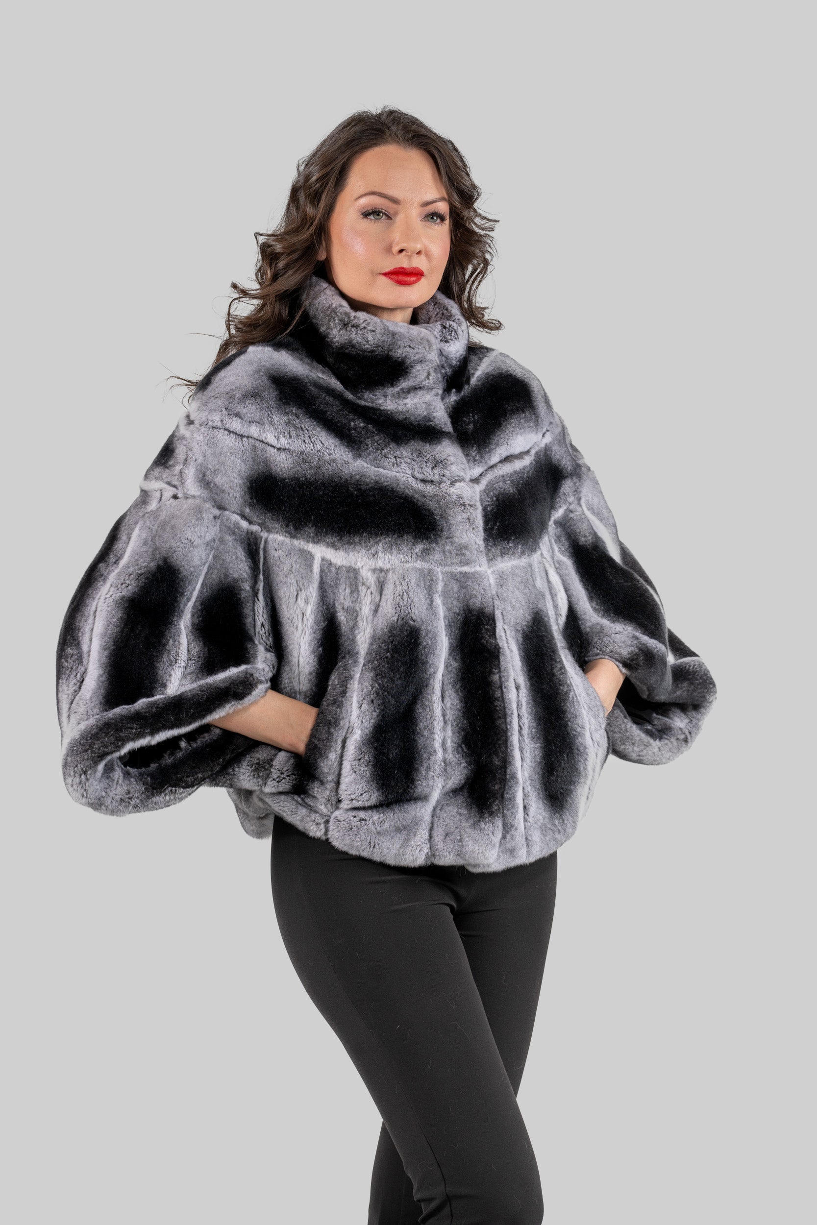 Natural Rex Rabbit Fur Cape with Stand Collar 1009