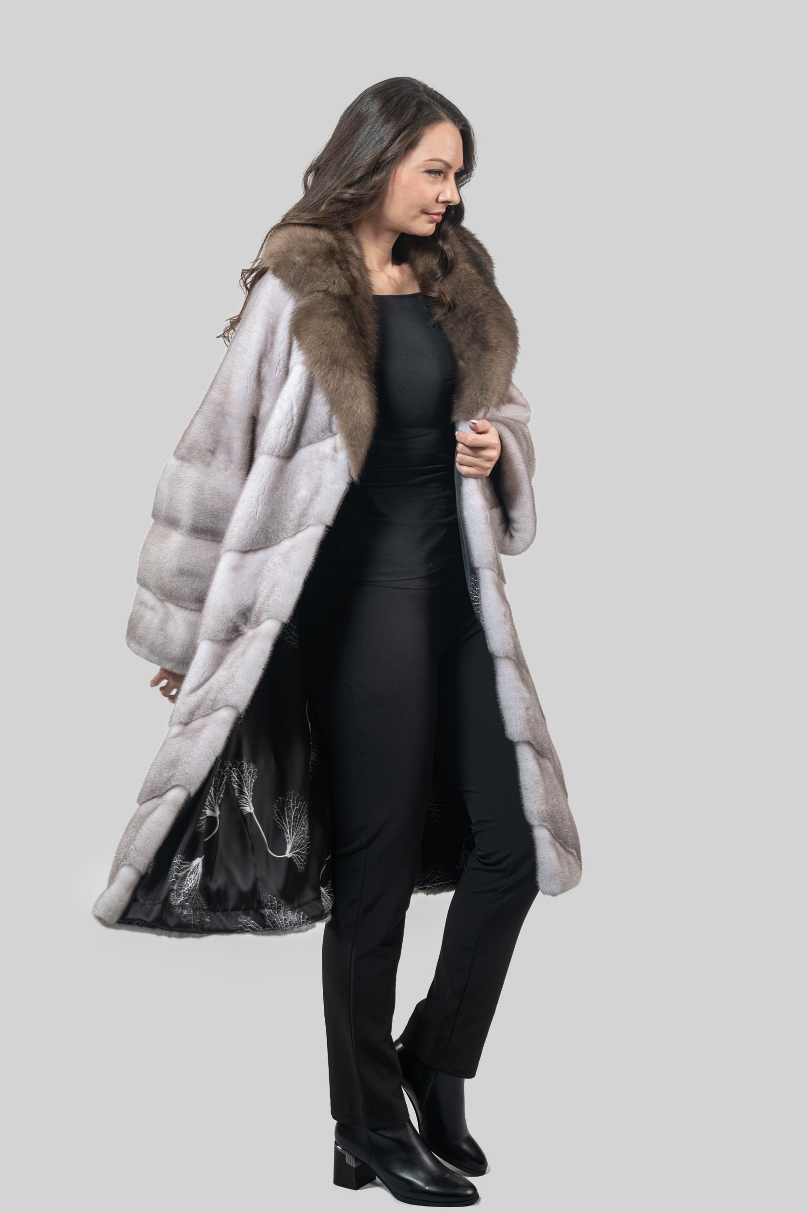 Silver Blue Mink Coat with Russian Sable Trimmed Notch Collar A/K13C848GS20