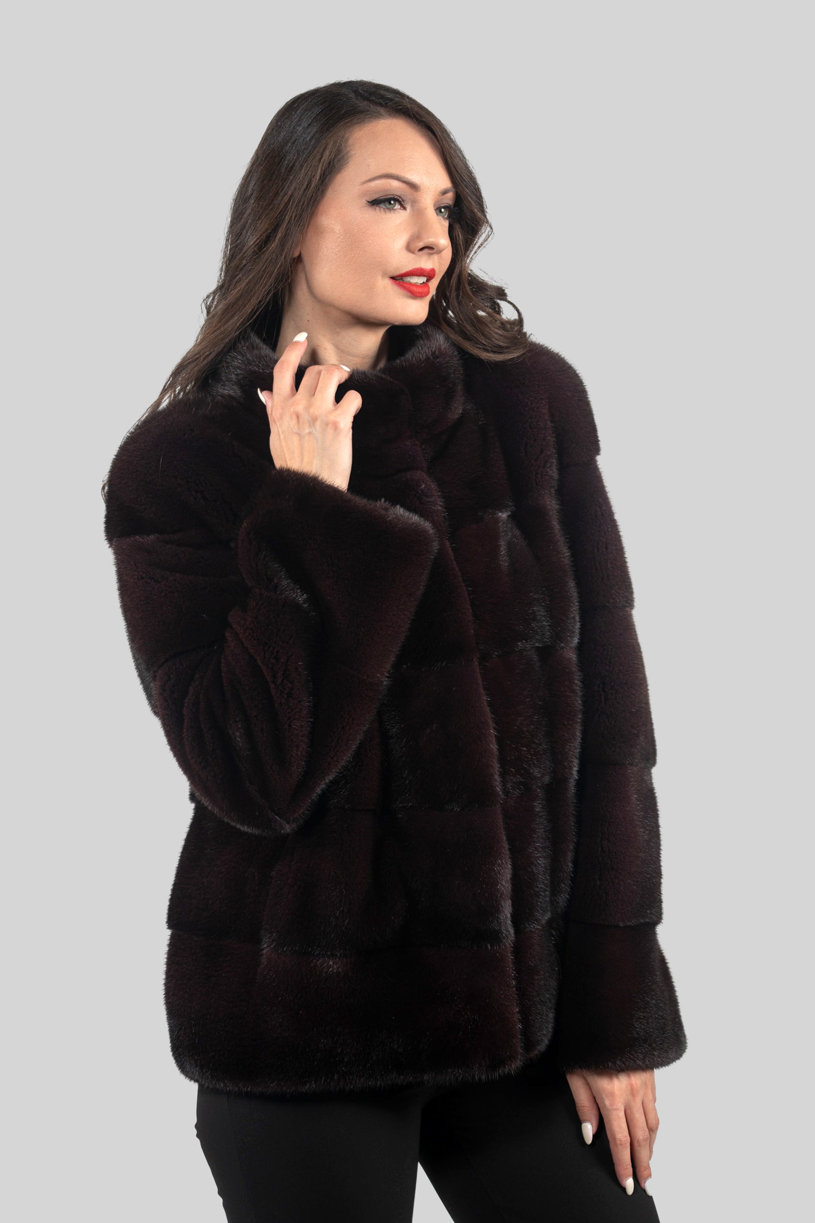 Bordeaux Mink Jacket with Stand Collar P/K13C528