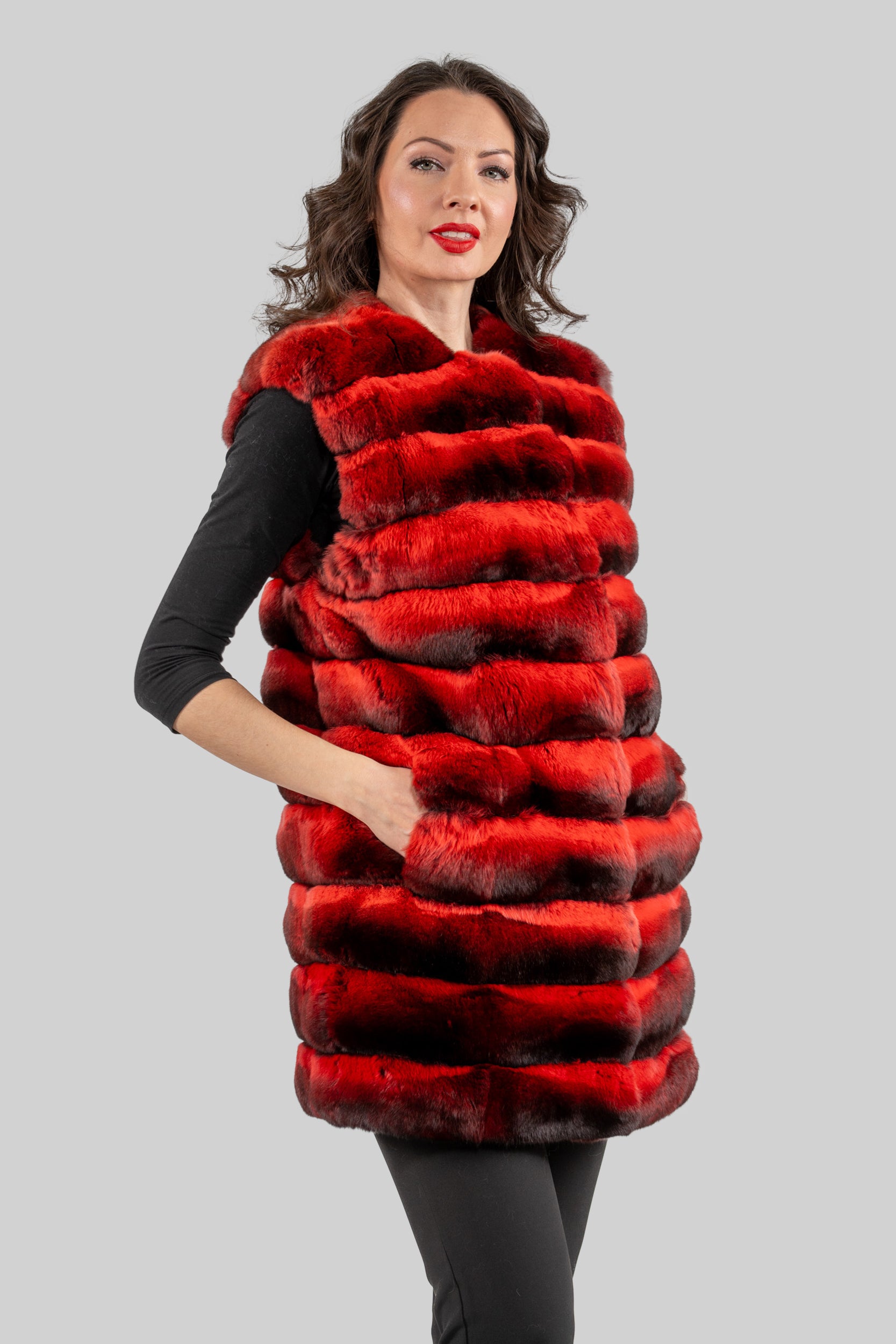 Collarless Crimson Red Chinchilla Vest P/K13C519