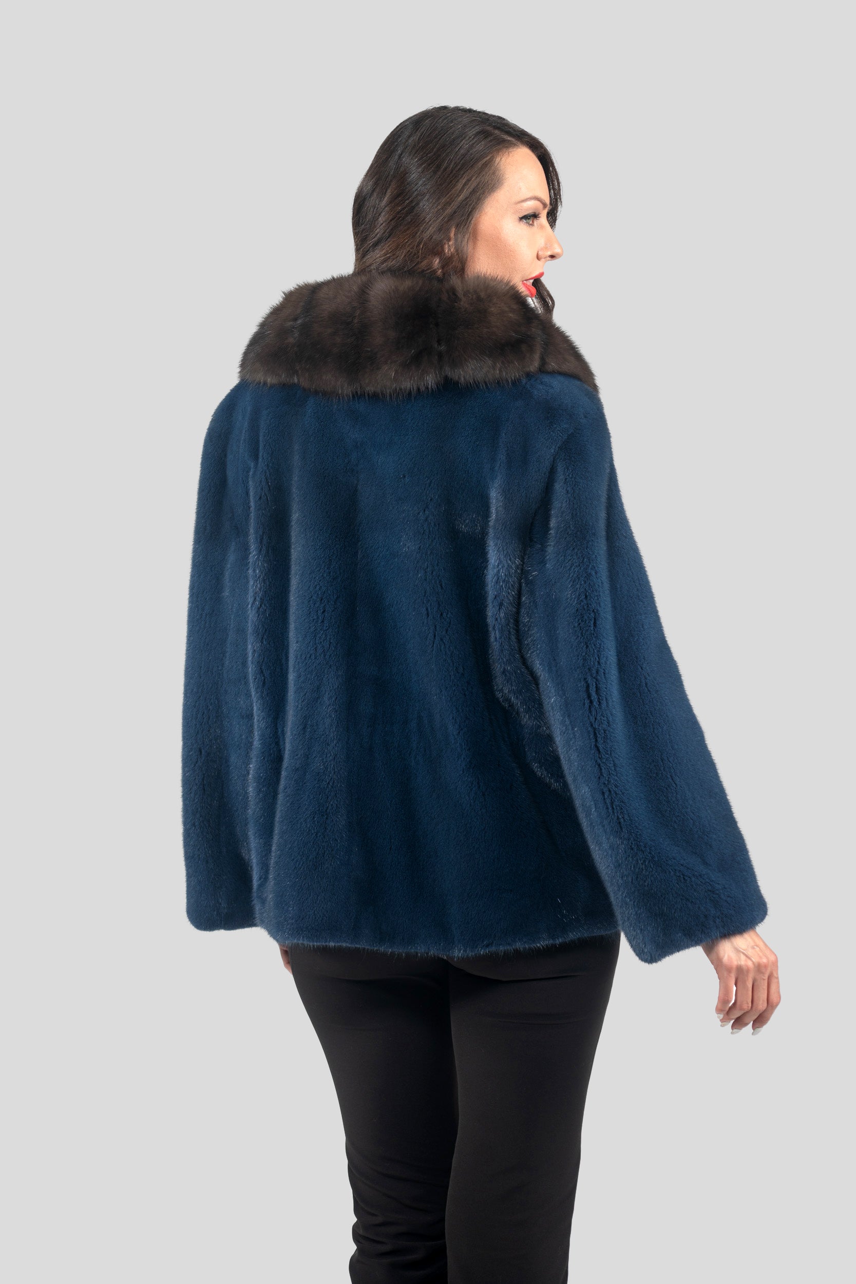 Blue Jean Mink Jacket with Extended Russian Sable Shawl Collar L/O19C123