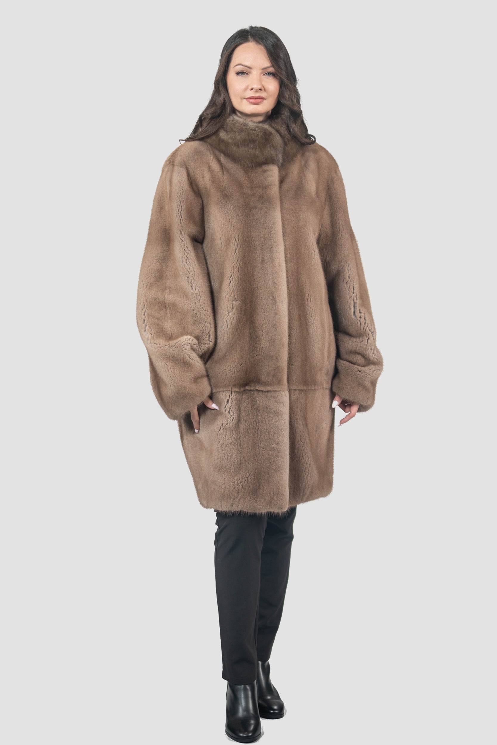 Pastel Mink Half Coat with Russian Sable-Trimmed Stand Collar CLER