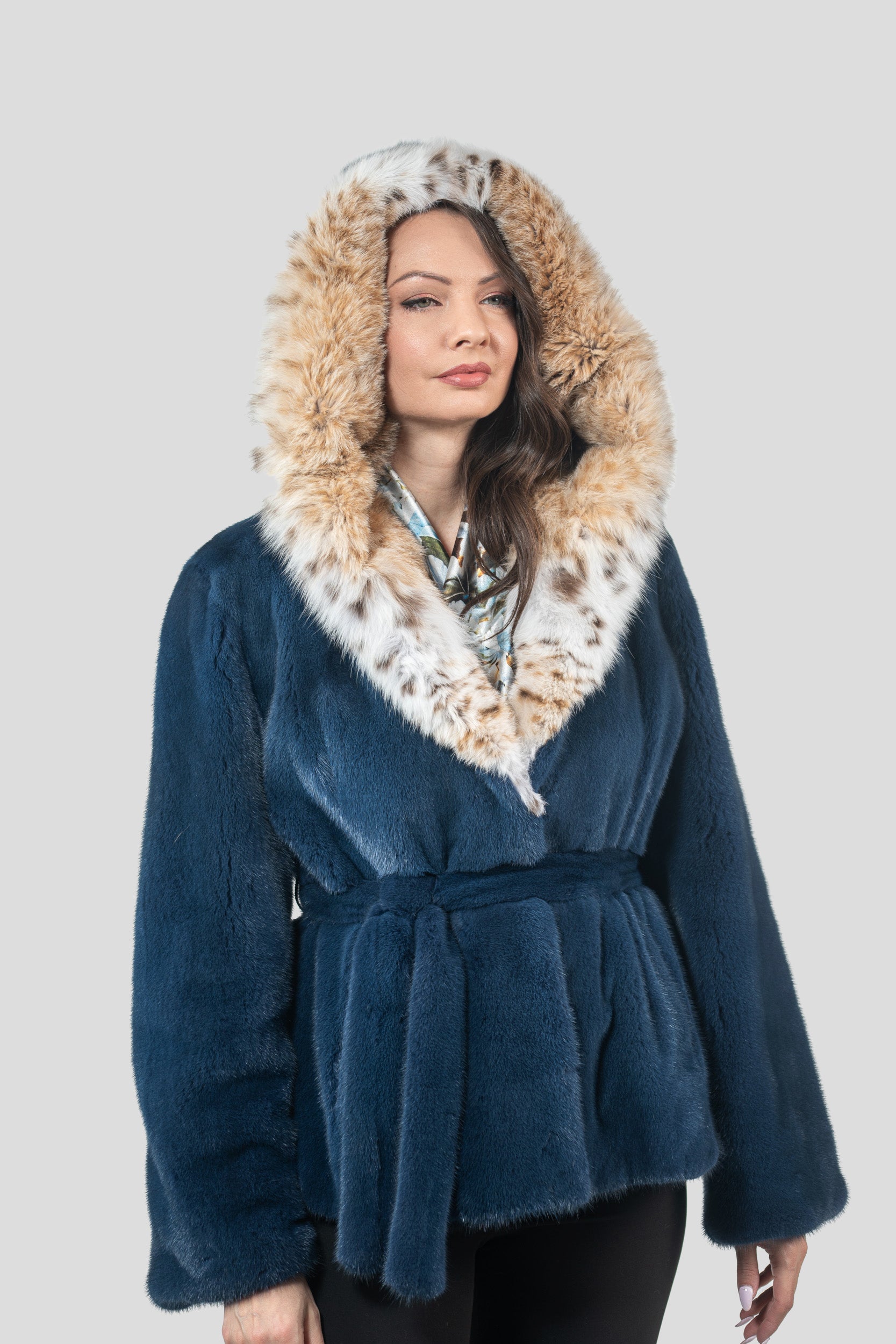 Blue Jean Mink Half Coat with Bobcat Hood L/O13C978