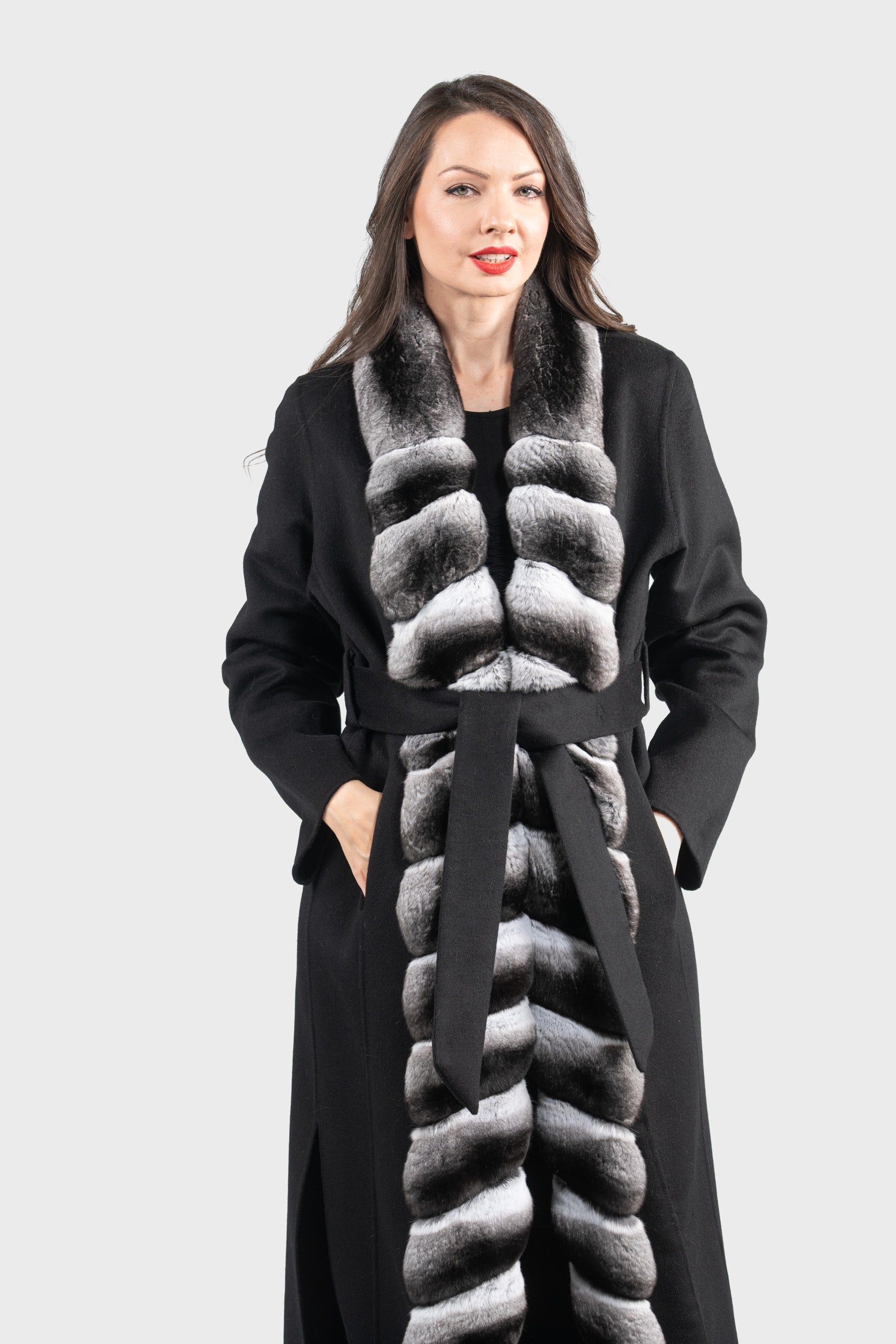 Black Cashmere Coat with Chinchilla Trim 21C3321