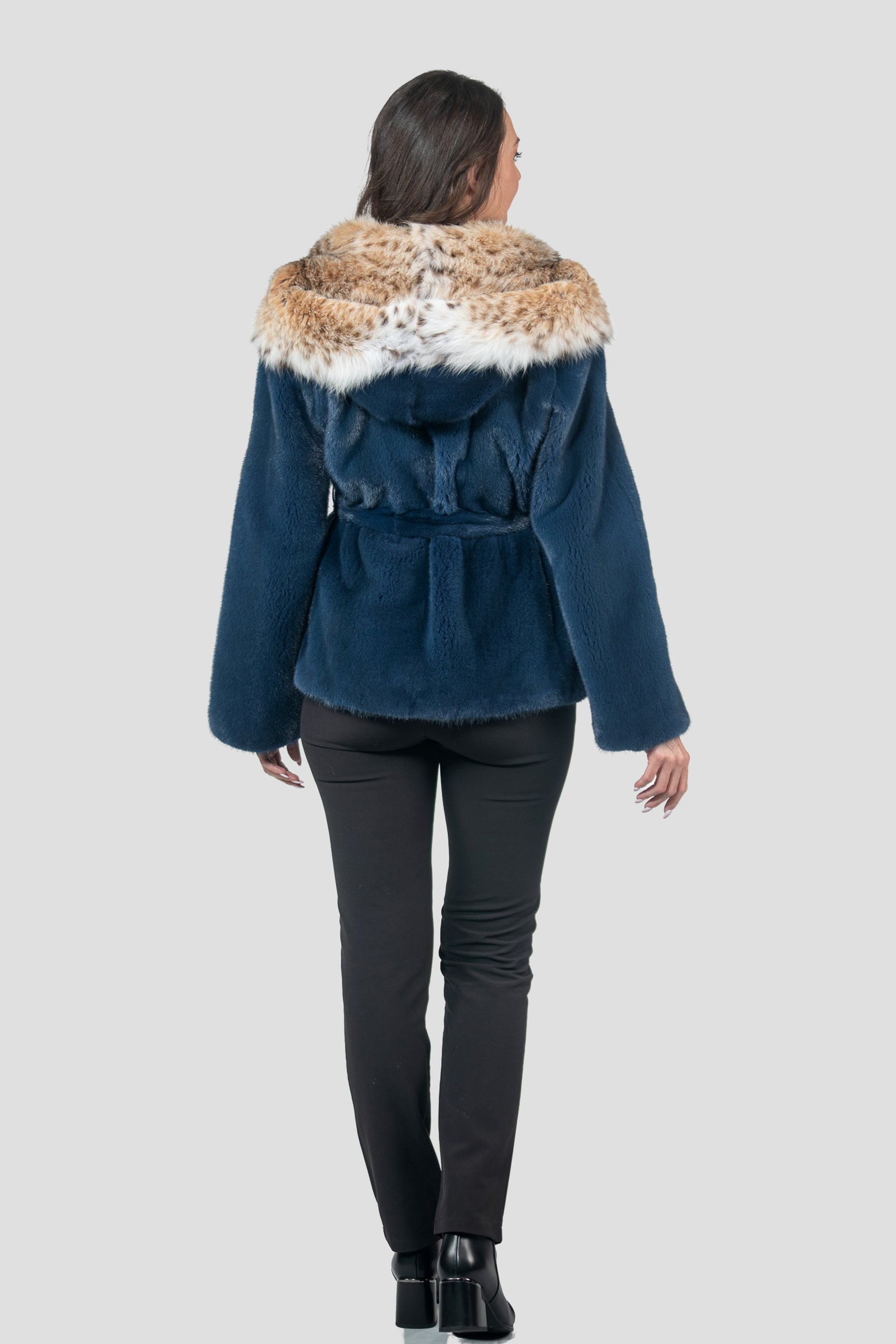 Blue Jean Mink Half Coat with Bobcat Hood L/O13C978