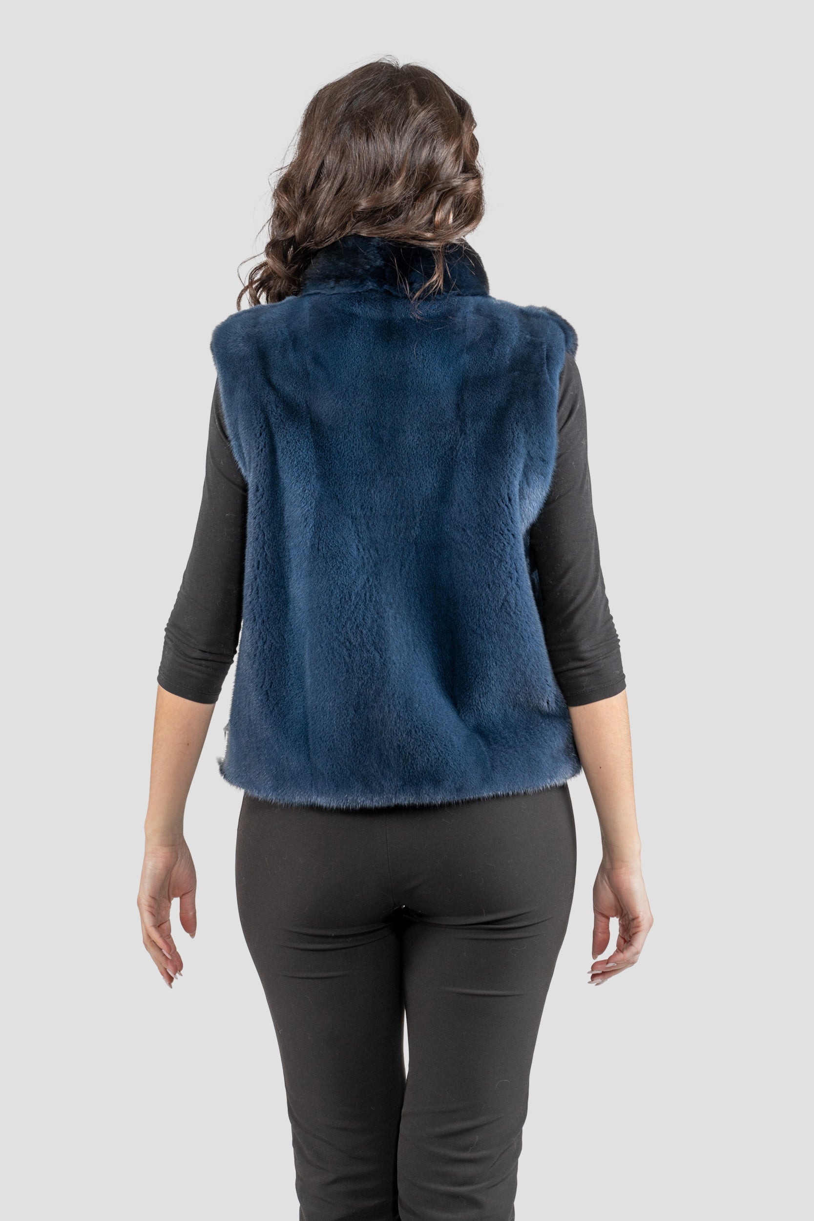Chinchilla Fur Vest with Stand Collar and Mink Trim in Blue Black P/K2201
