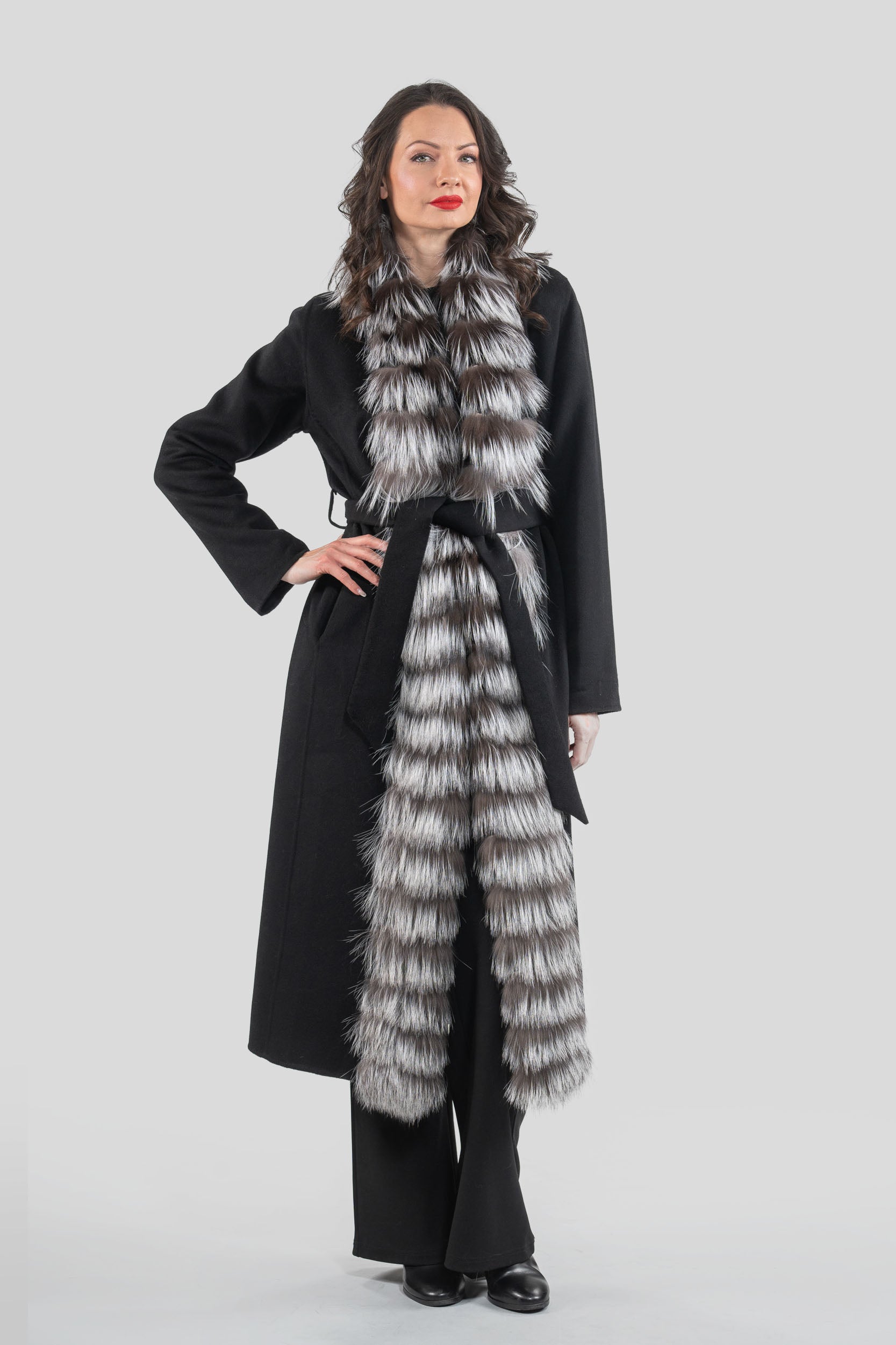 Black Cashmere Coat with Fox Trim 21C6080