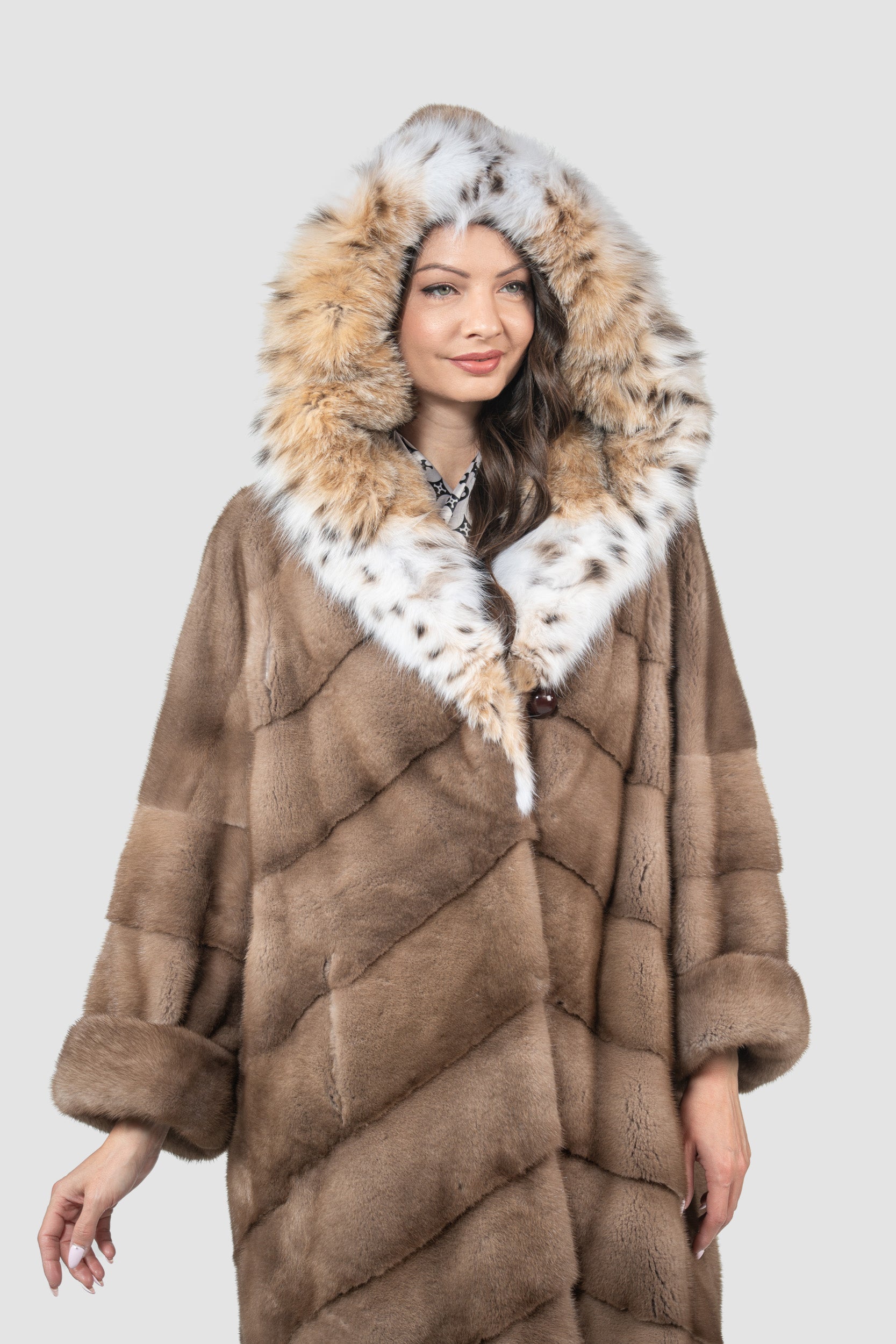 Pastel Mink Coat with Bobcat Hood A/K13C850