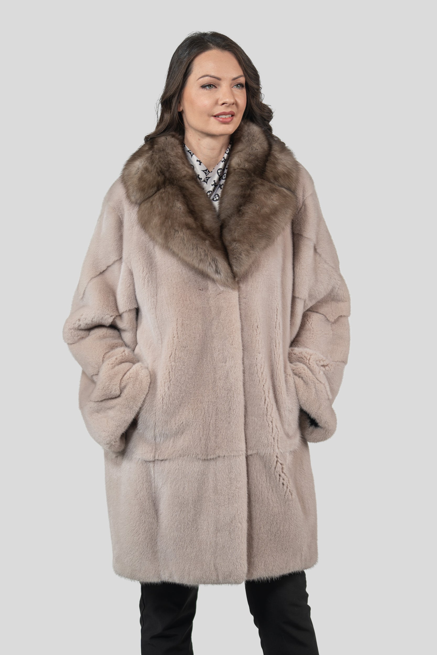 Tiramisu Mink Half Coat with Russian Sable-Trimmed Notch Collar S/S19C439