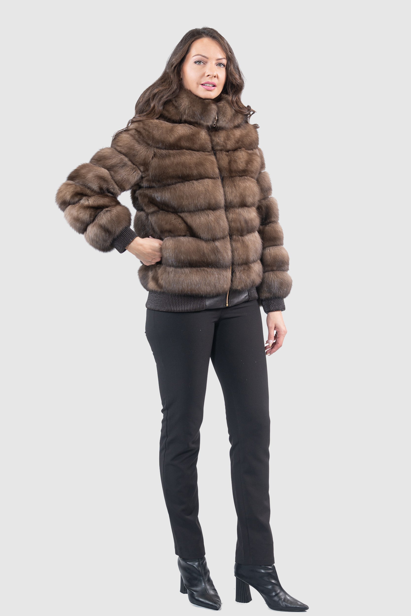 Reversible Titanium Russian Sable Bomber Jacket with Attached Hood P/K228H