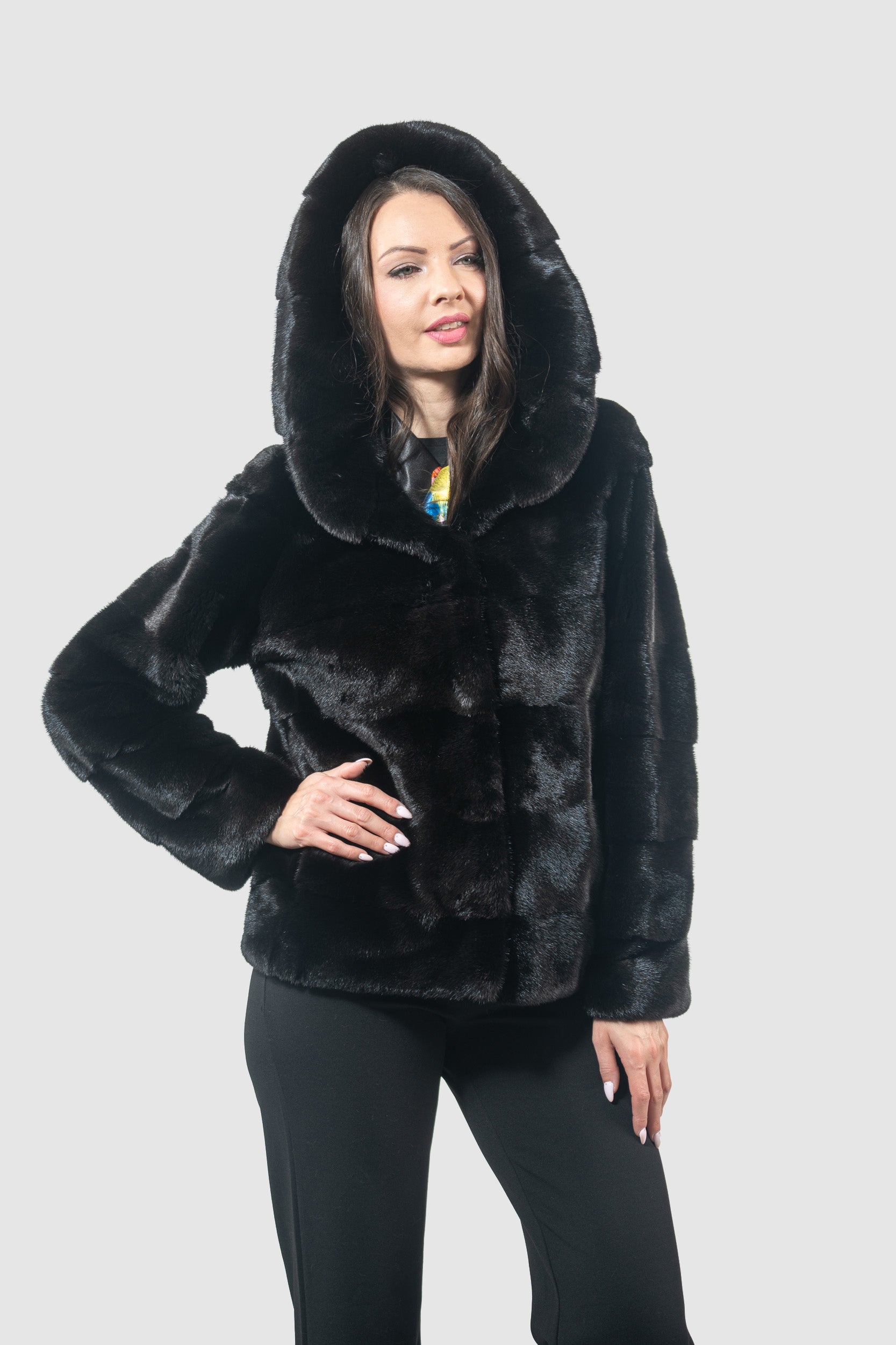Black Mink Jacket with Attached Hood P/K13C543H