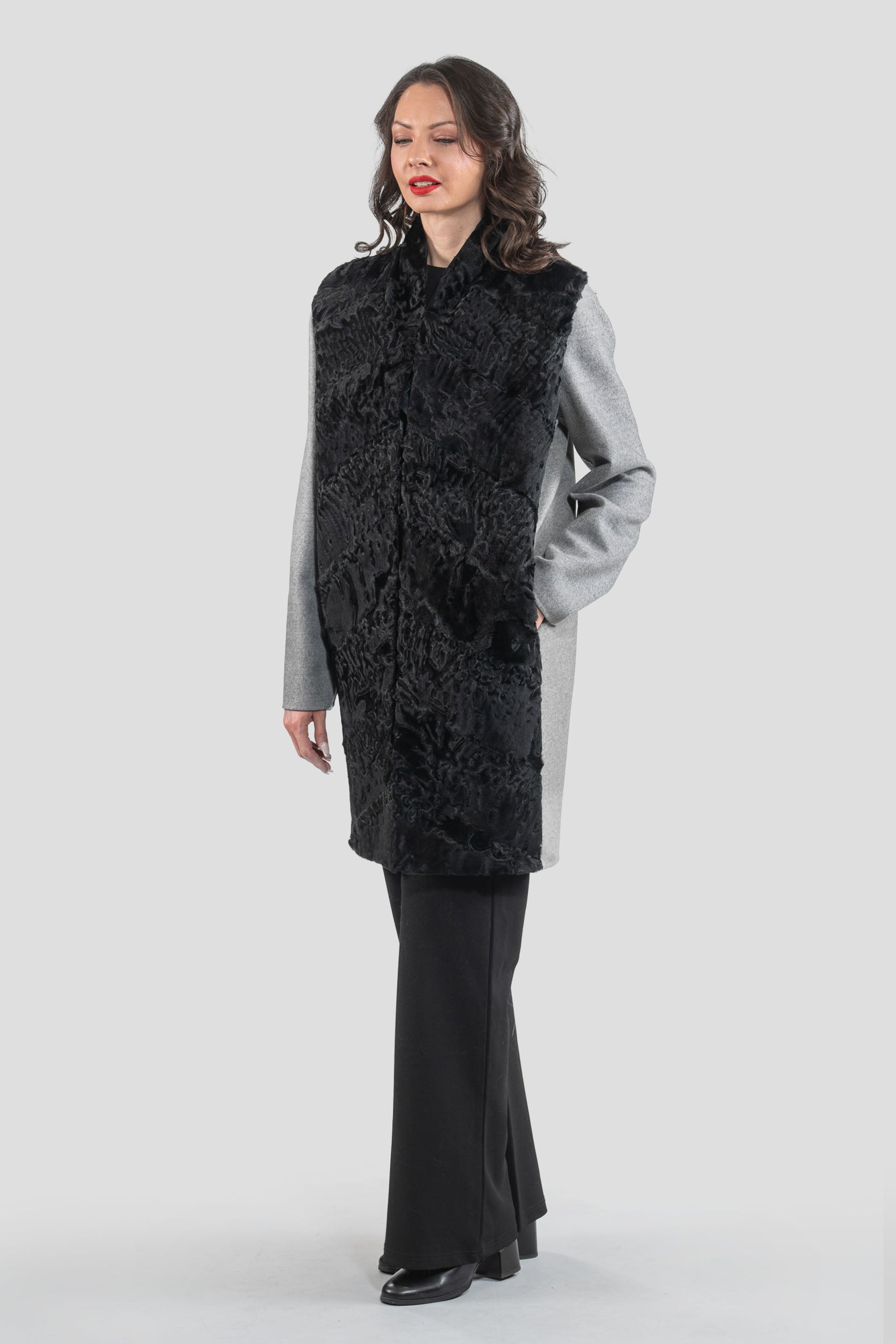 Grey Cashmere Half Coat & Vest with Swakara Fur Trim 17C8003
