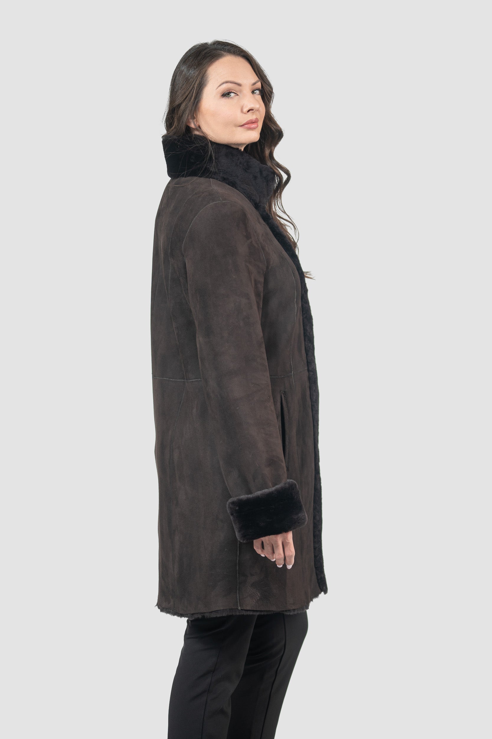 Brown Half Coat In Spanish Merino with Stand Collar 207