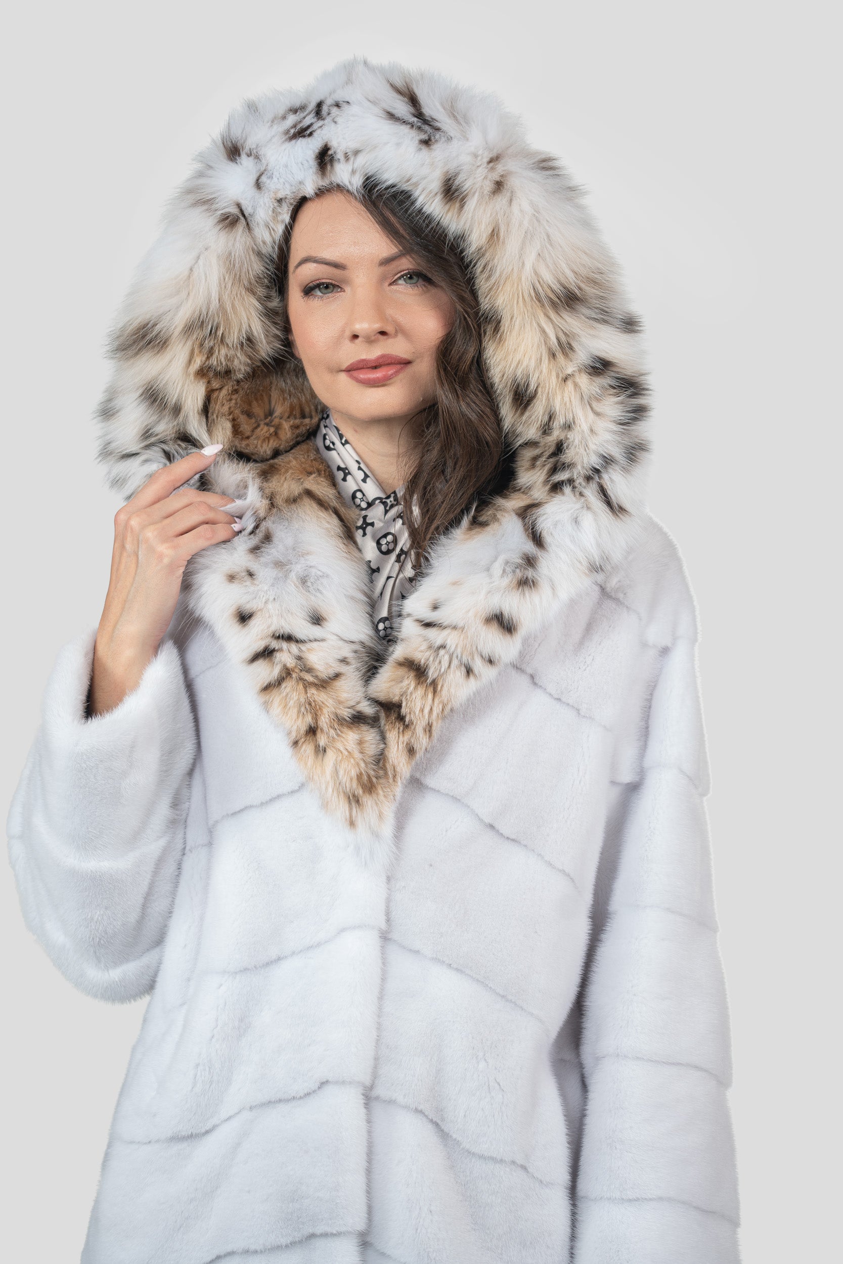 White Mink Half Coat with Bobcat Hood A/K4340
