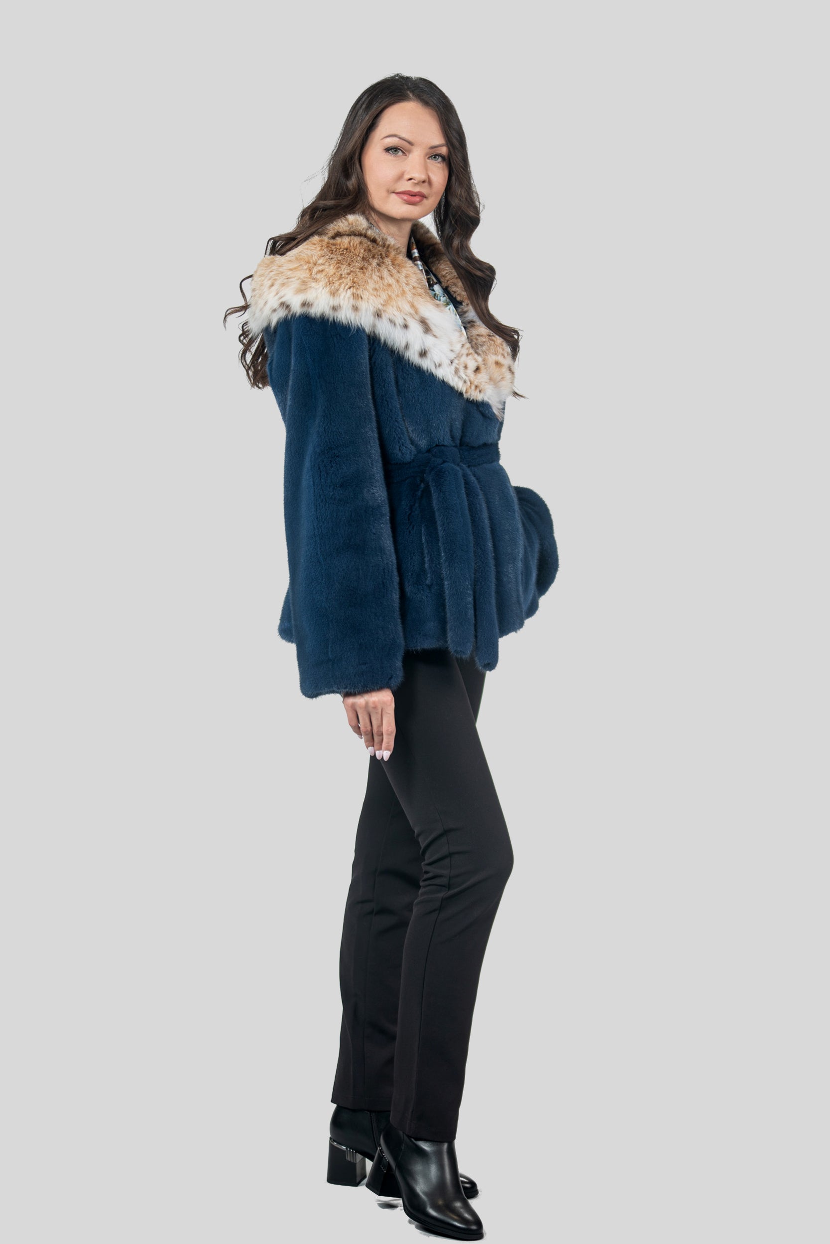 Blue Jean Mink Half Coat with Bobcat Hood L/O13C978