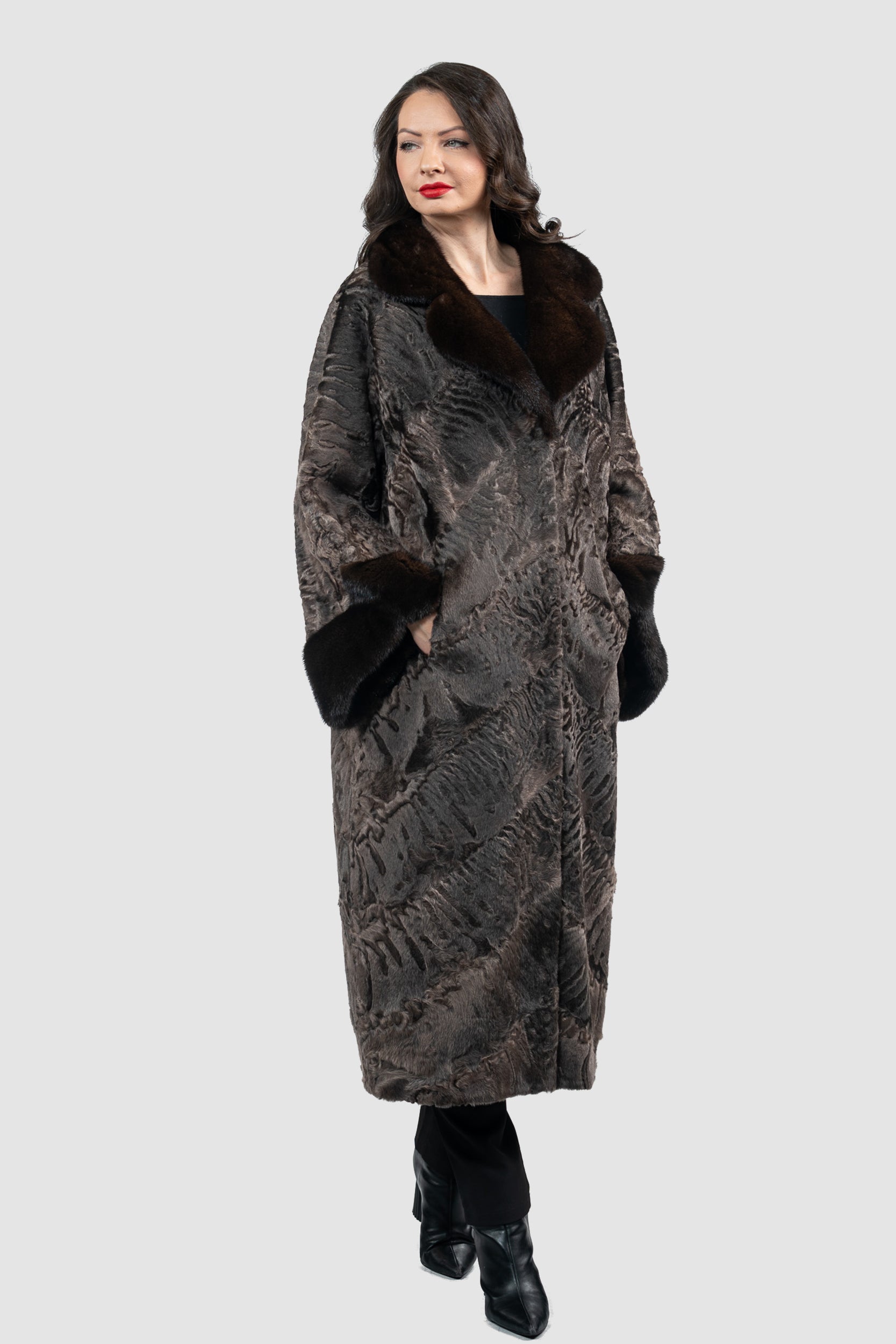 Chocolate Swakara Coat with Mink Trim A/K13C848gs20v30