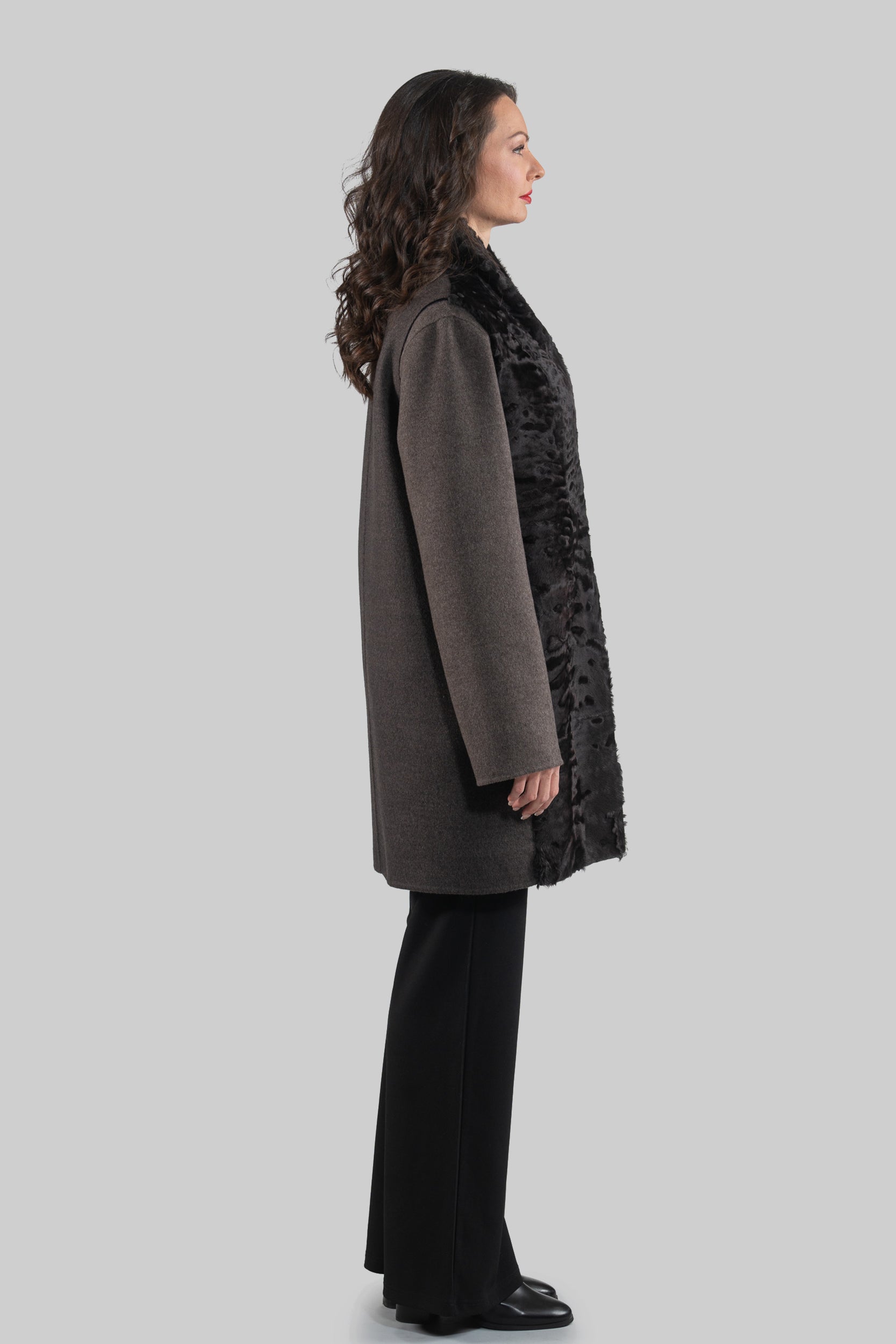 Grey Cashmere Half Coat & Vest with Swakara Fur Trim 17C8003