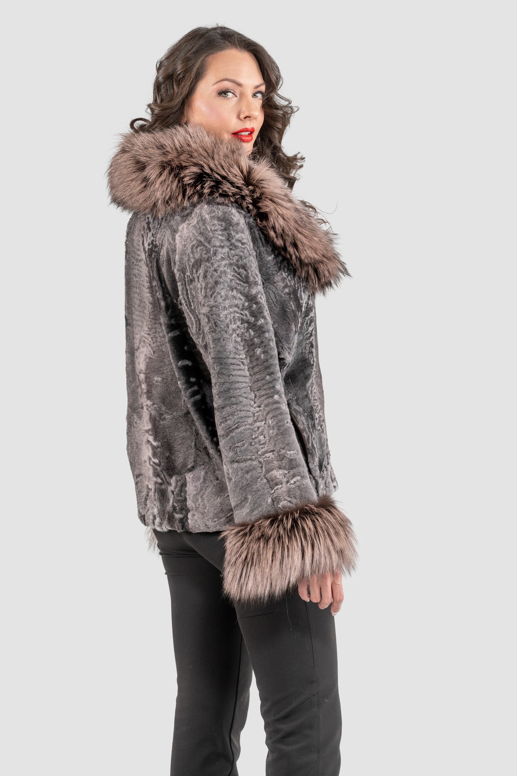 Grey Moon Swakara Jacket with Fox Fur Trim Notch Collar and Cuffs S/S13C528s20