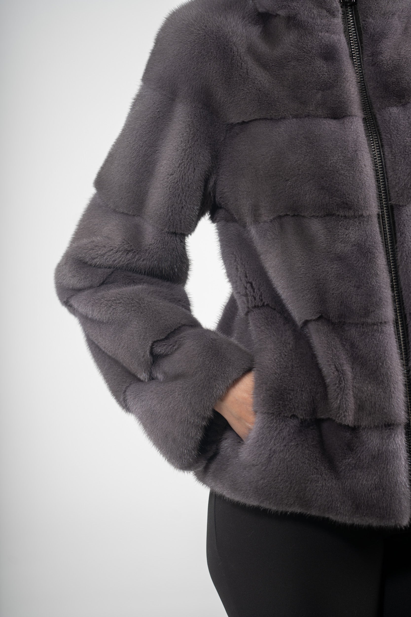 Grey Moon Mink Jacket with Stand Collar and Zipper P/K13C224