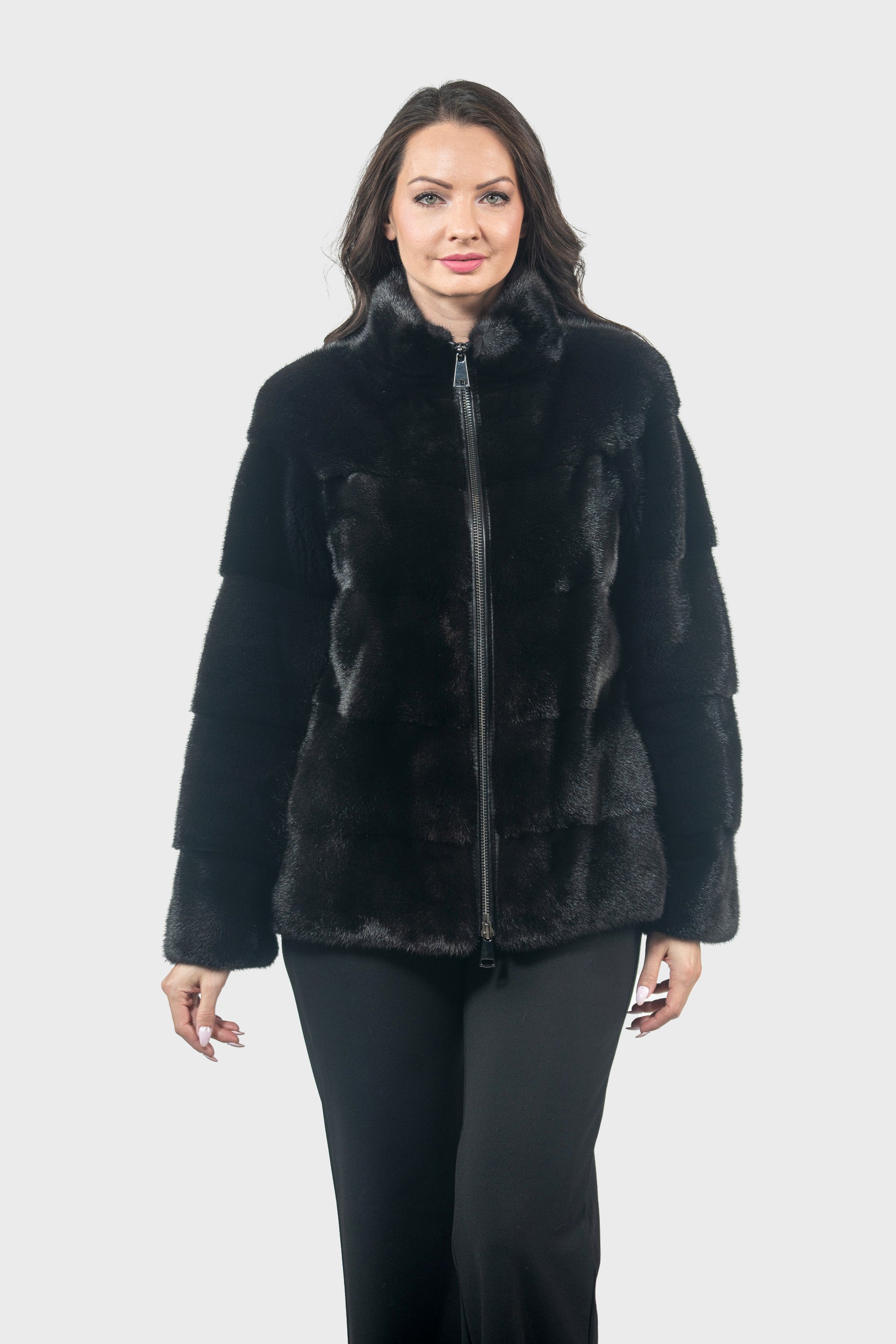 Black Mink Jacket with Stand Collar and Zipper P/K13C224
