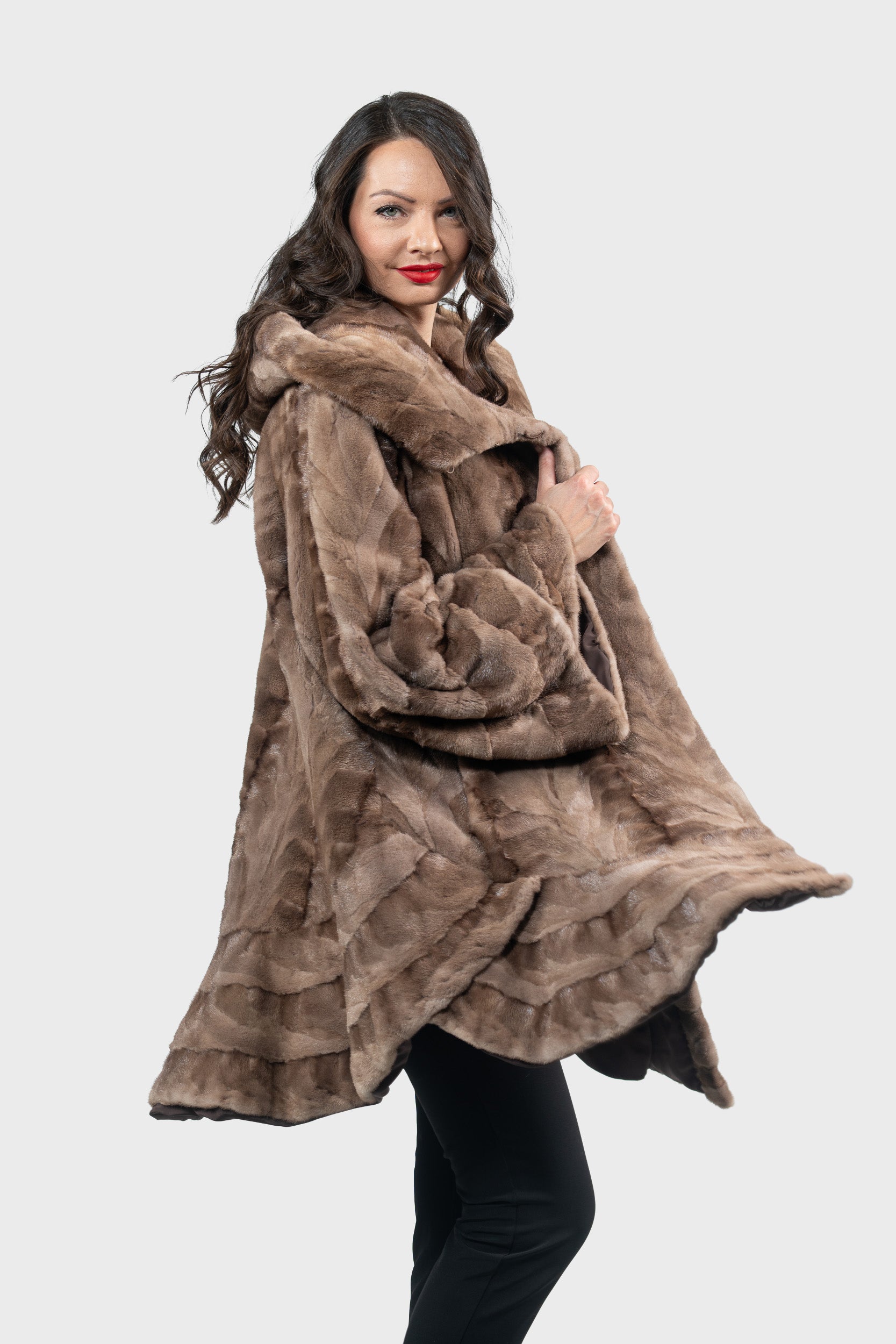 Pastel Mink Pieced Hooded Half Coat 2550H