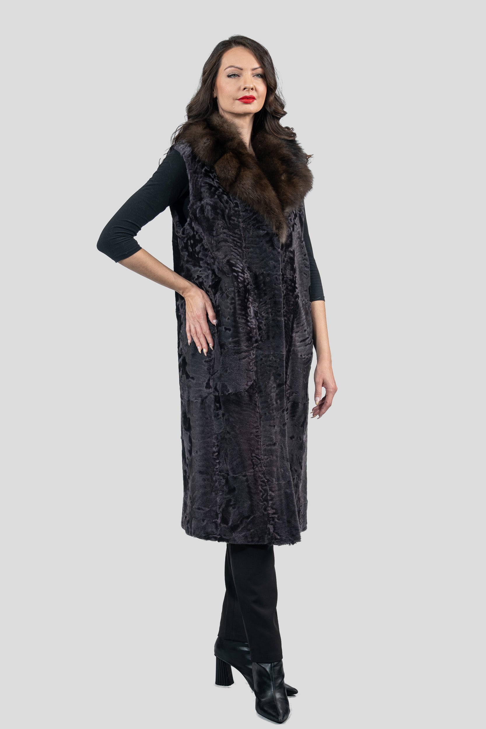 Gray Moon Swakara Vest with Russian Sable Notch Collar S/S13c519s20