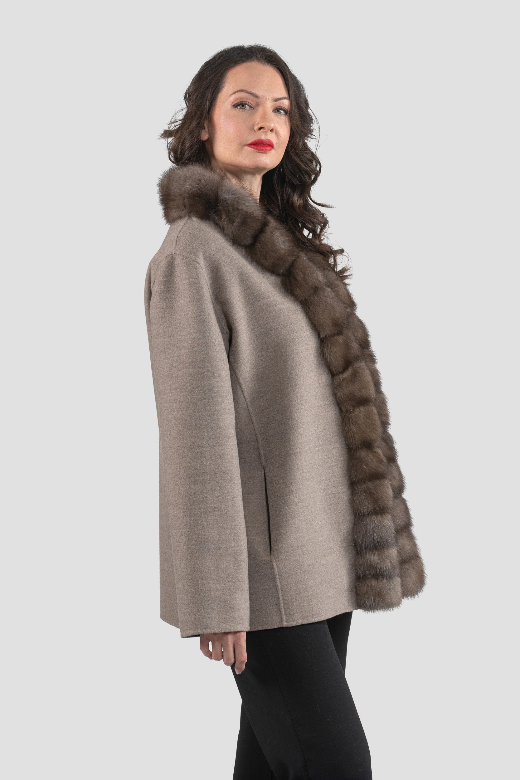 Grey Cashmere Wool Jacket with Russian Sable Trim 21C6080
