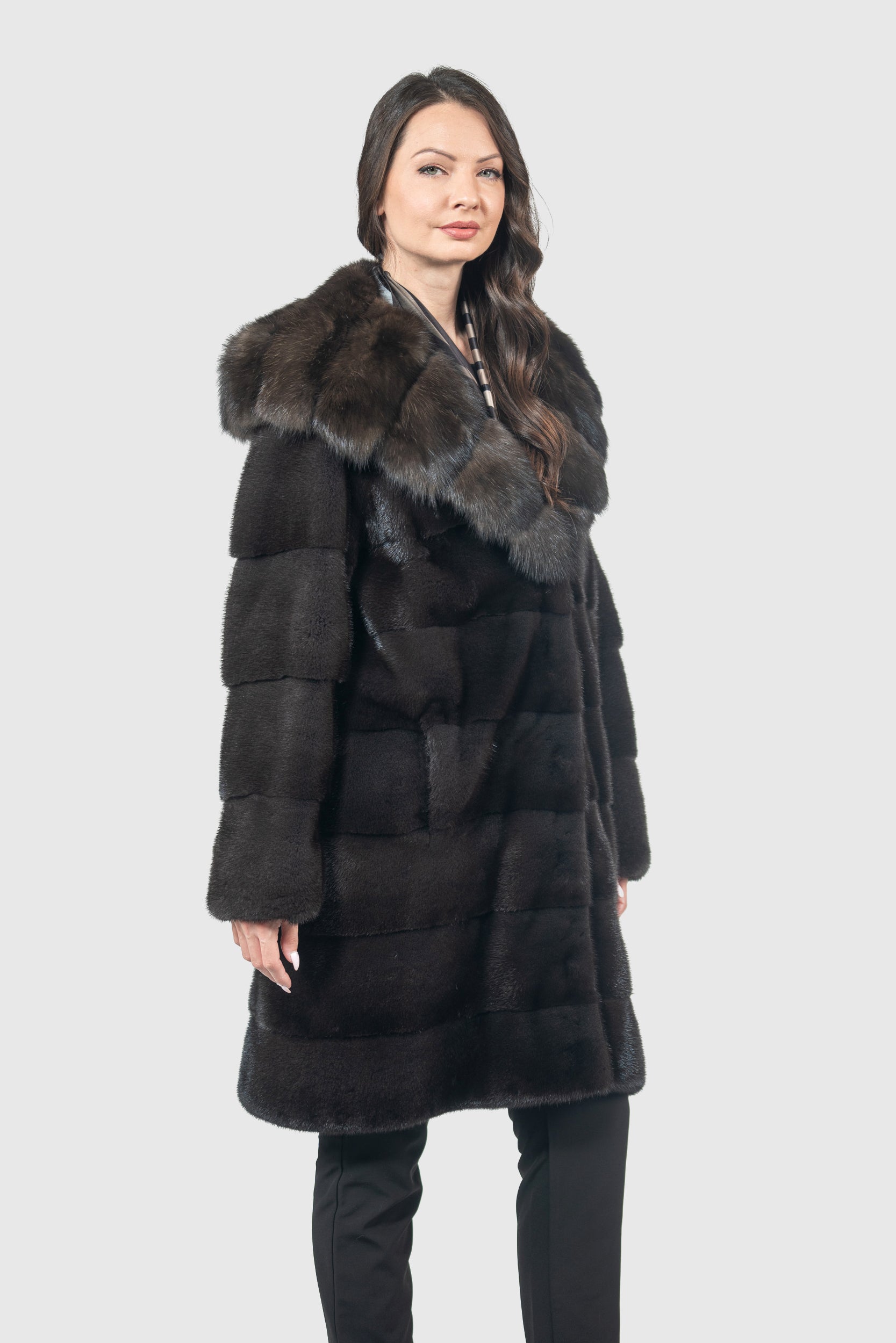 Grigio Mink Half Coat with Russian Sable Hood P/K13C540