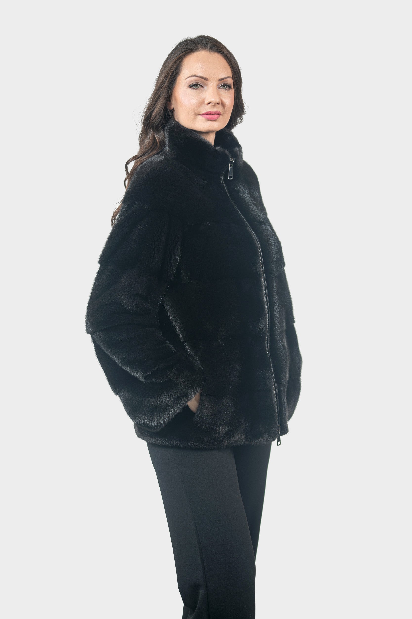 Black Mink Jacket with Stand Collar and Zipper P/K13C224