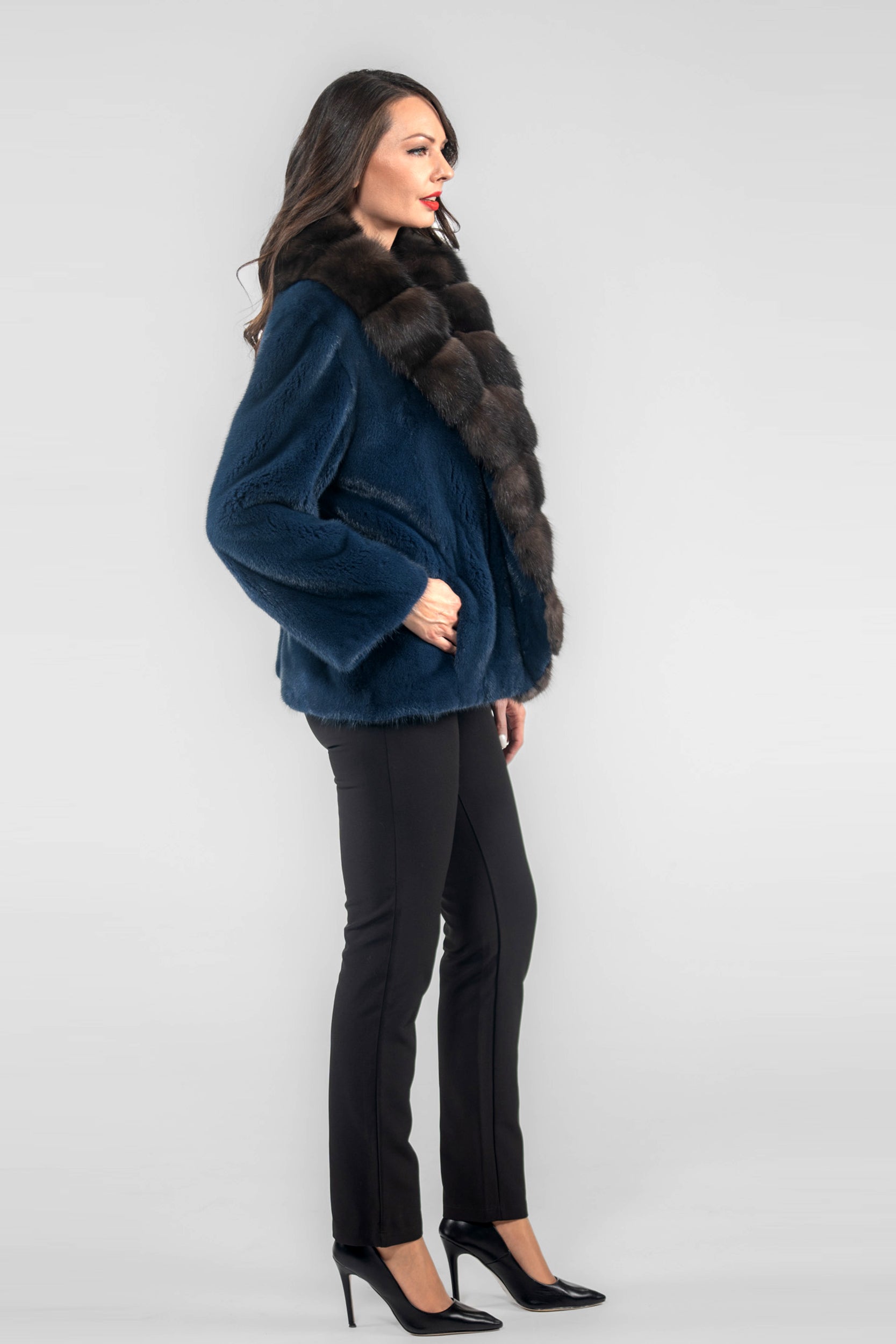 Blue Jean Mink Jacket with Extended Russian Sable Shawl Collar L/O19C123
