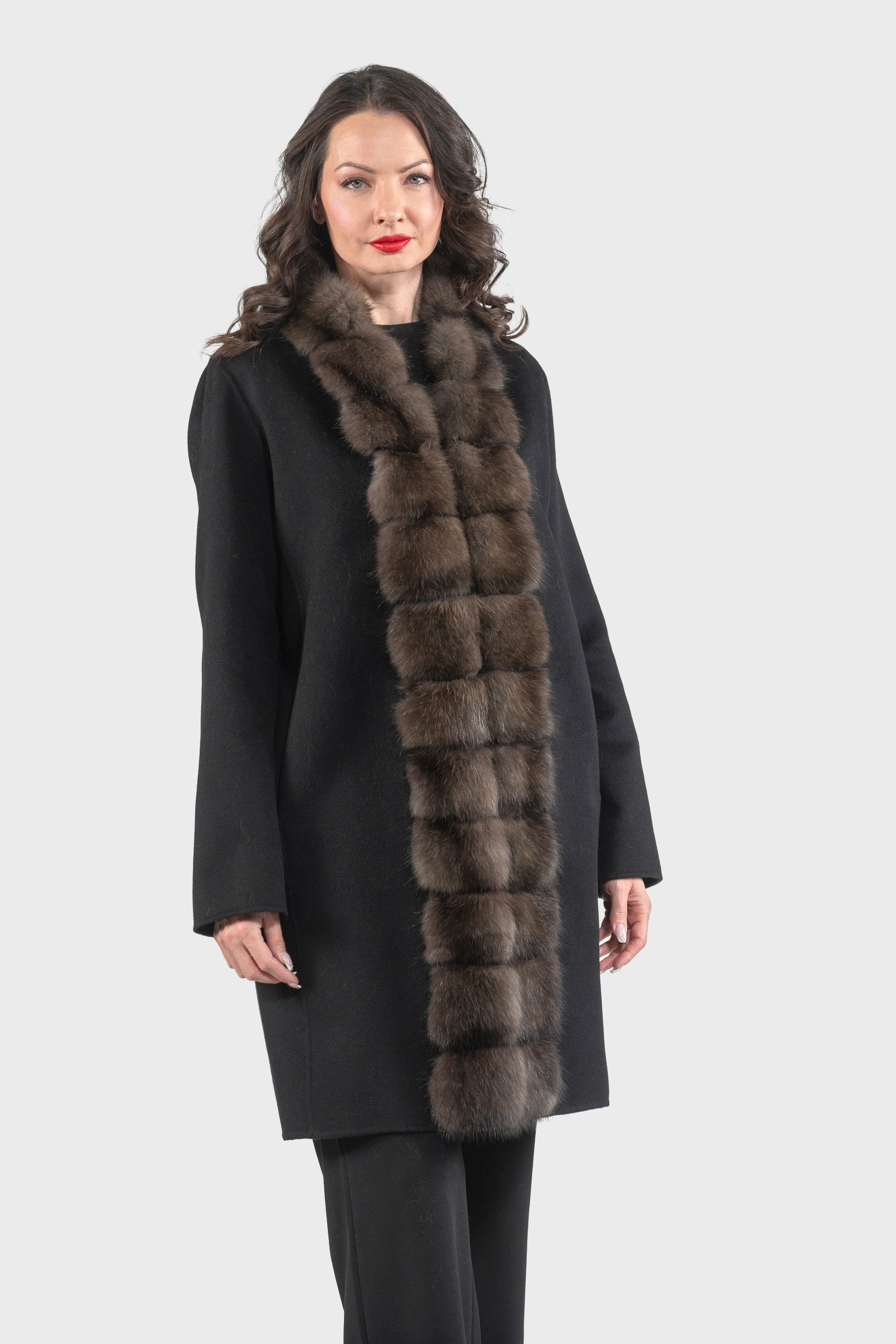 Black Cashmere Half Coat with Russian Sable Trim 21C6080