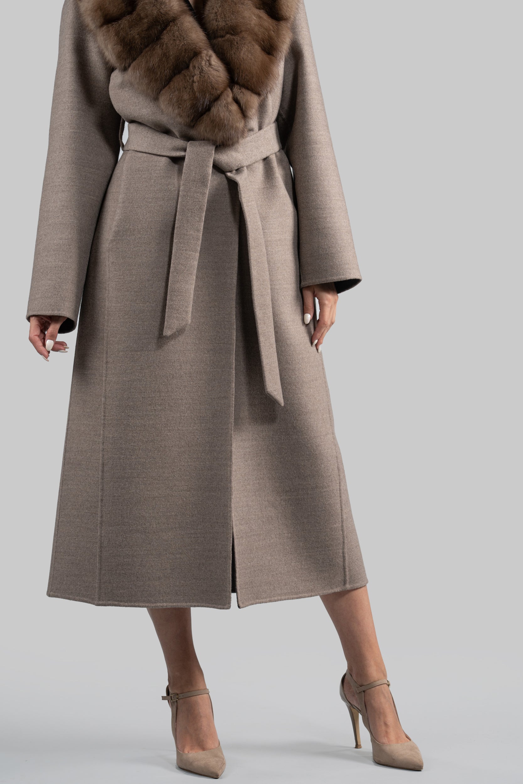 Brown Gray Cashmere Coat with Russian Sable Shawl Collar 20C8070