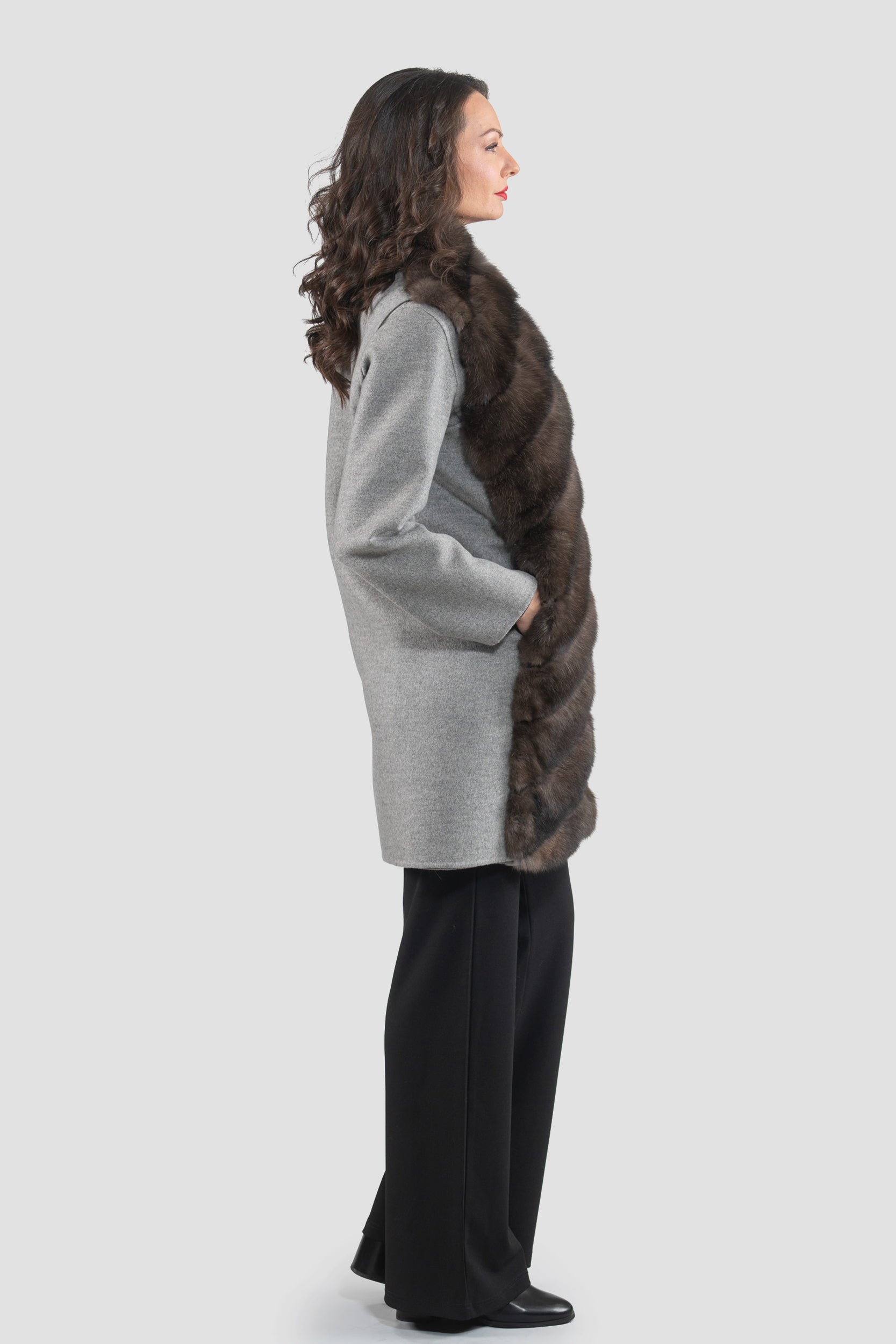 Grey Cashmere Half Coat & Vest with Russian Sable Trim 17C8003