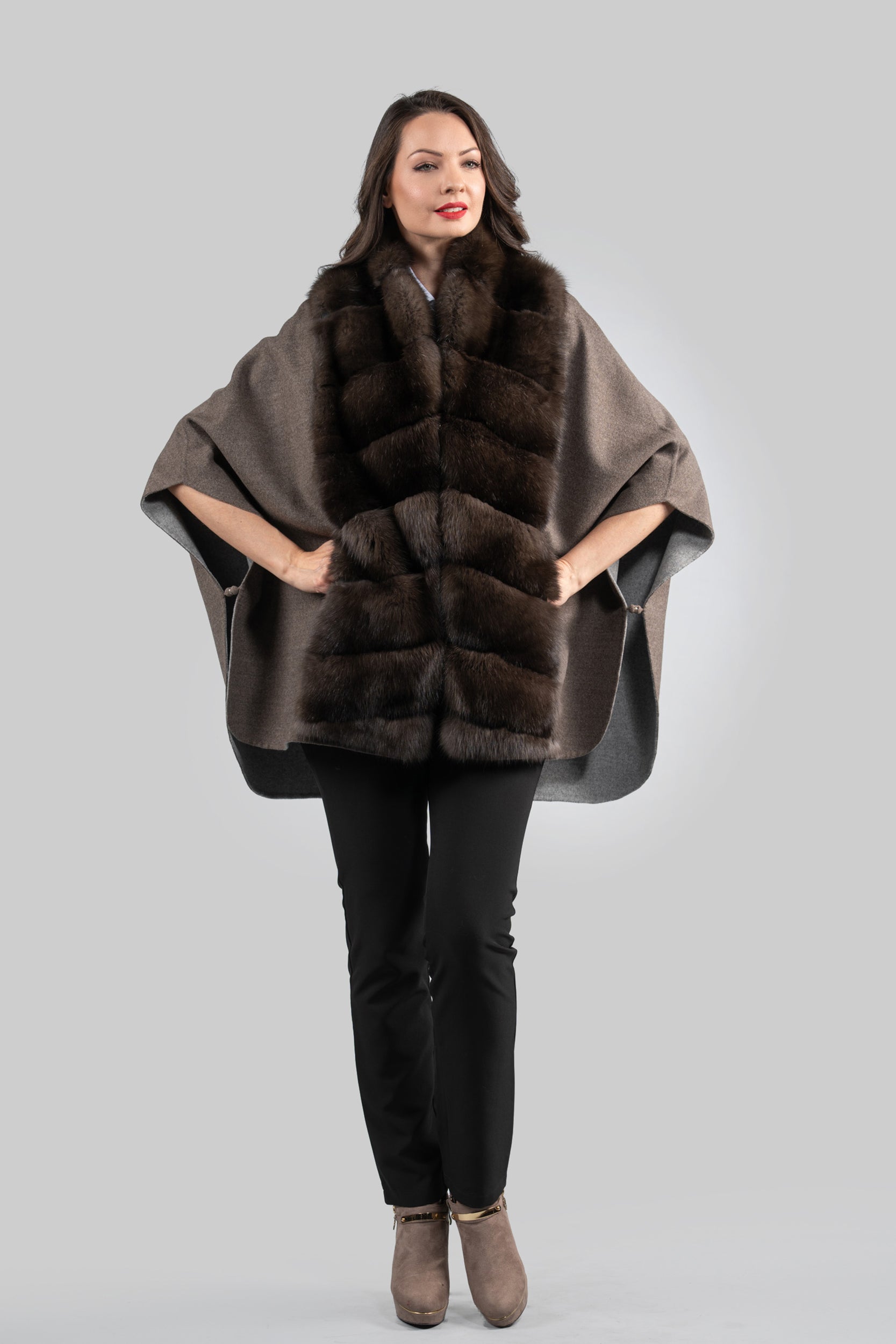 Brown Gray Cashmere Cape with Russian Sable Trim 18M950