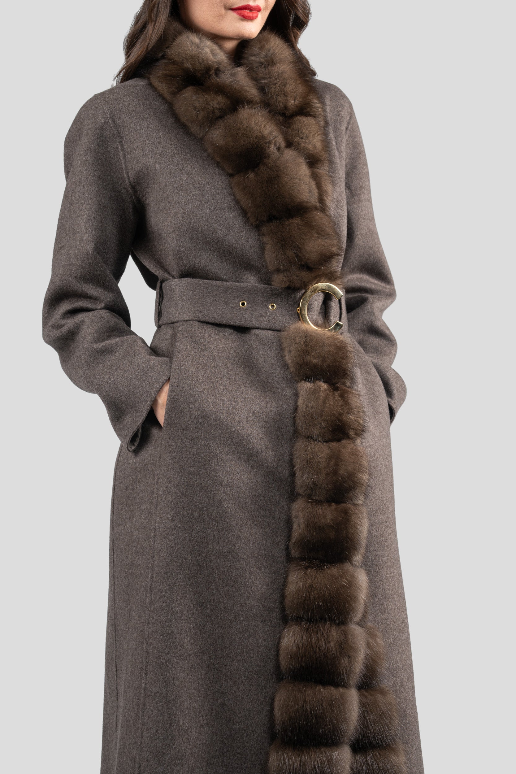 Brown Grey Cashmere Coat with Russian Sable Trim 21C6080