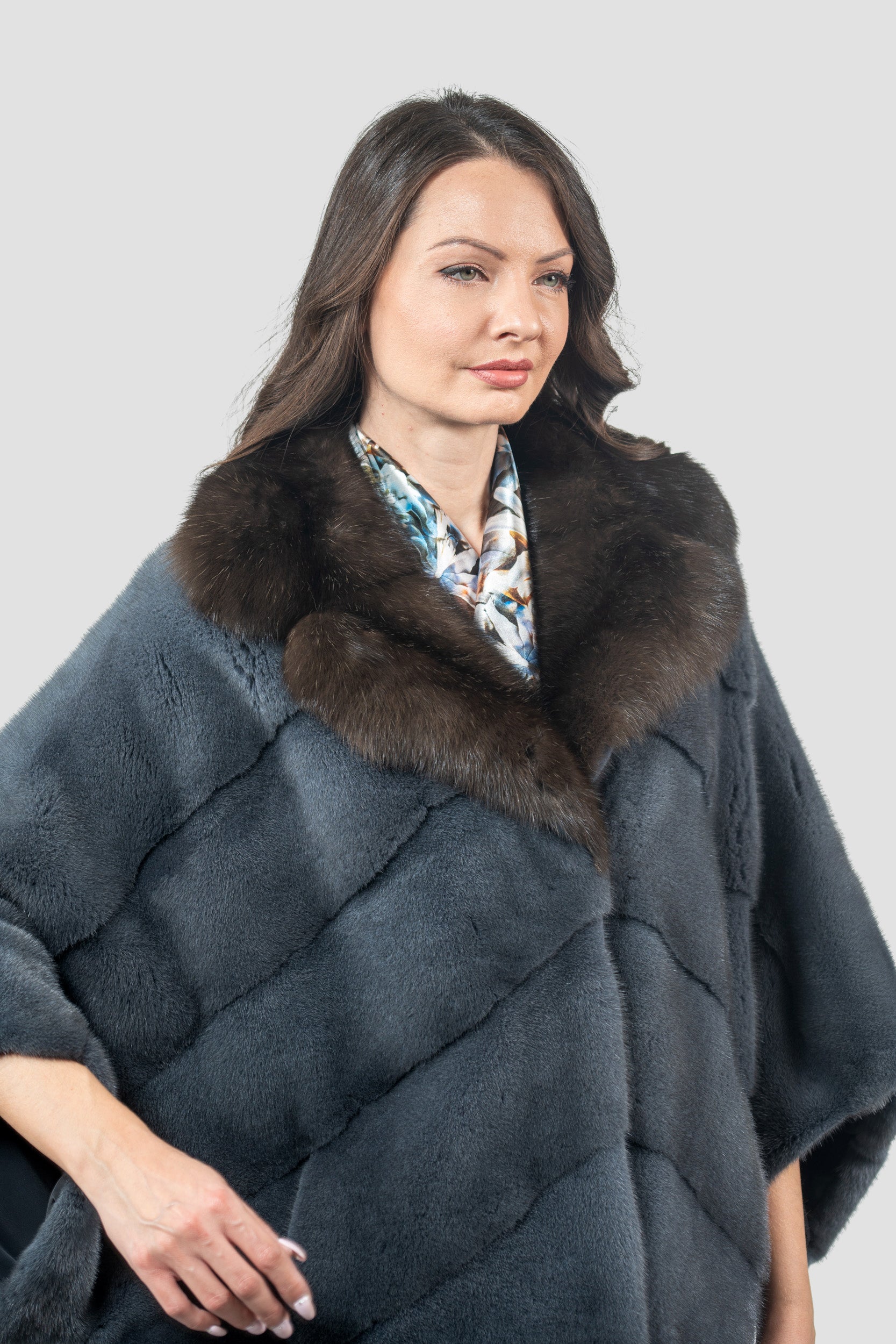 Asphalto Mink Cape with Russian Sable-Trimmed Notch Collar P/K13C949