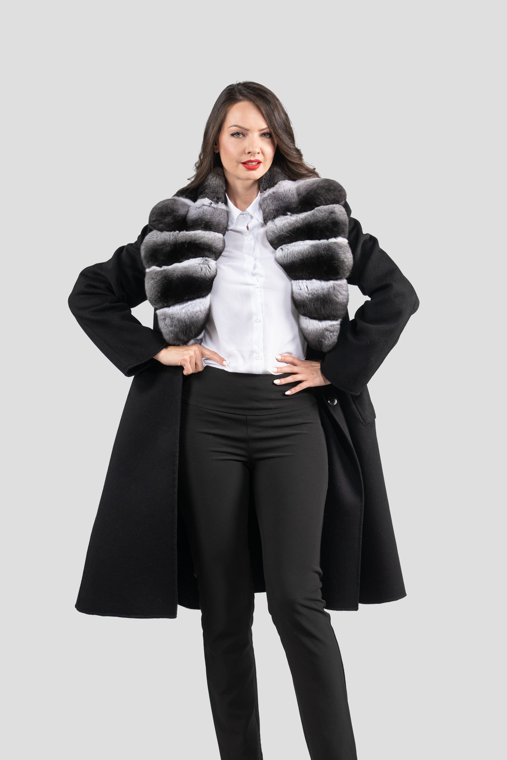 Black Cashmere Coat with Chinchilla Notch Collar 19C8250