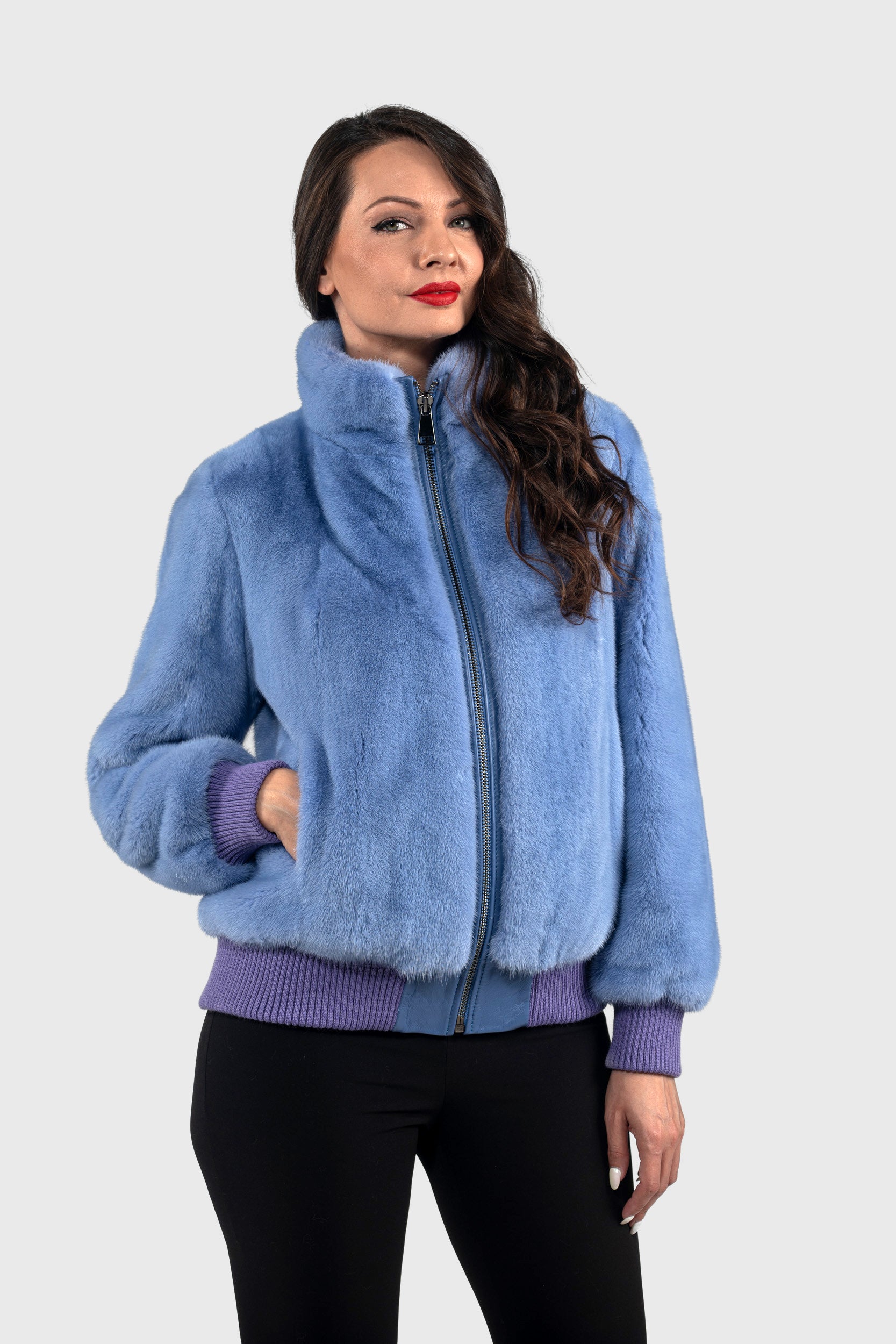 Aqua Marine Mink Bomber Jacket with Stand Collar L/O13C224